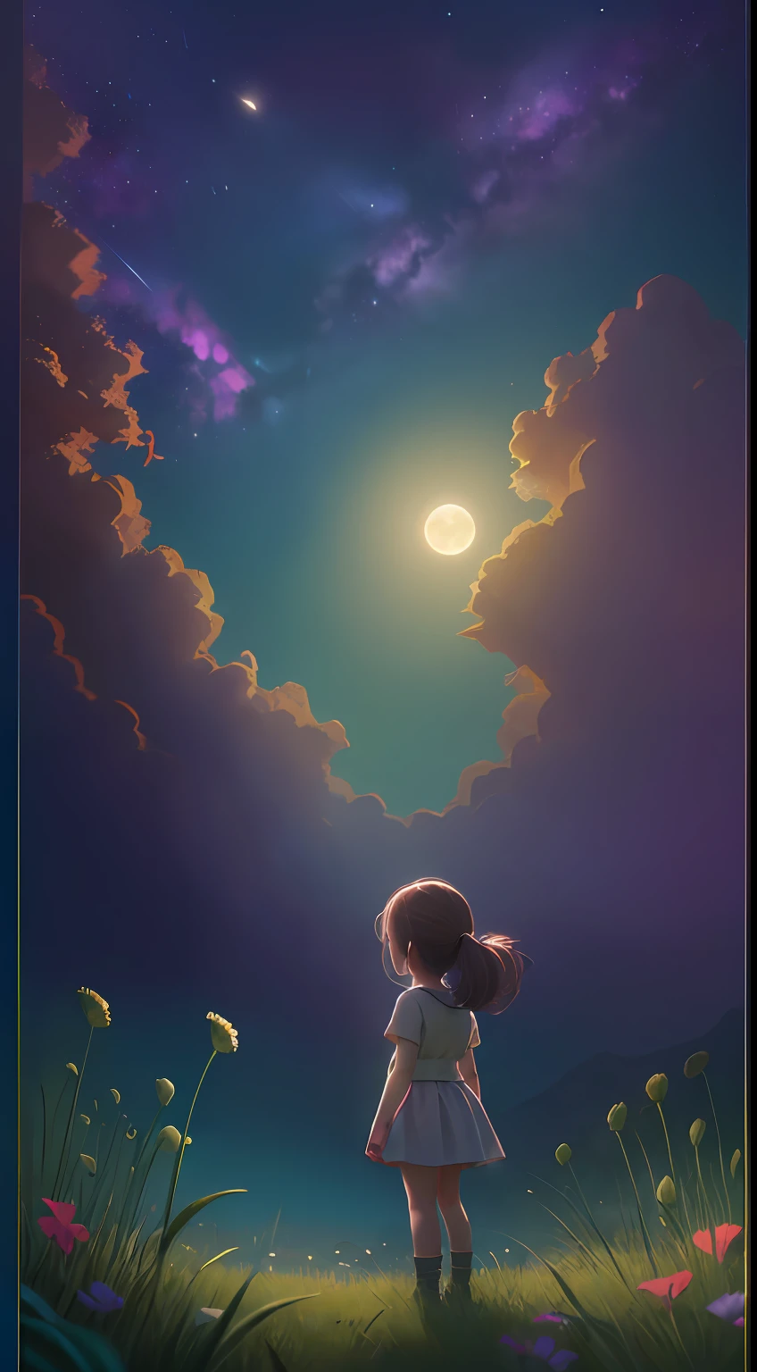 Expansive landscape photograph, (view from below with a view of the sky and wilderness below), little girl standing in a flower field looking up, (full moon: 1.2), (shooting star: 0.9), (nebula: 1.3), distant mountain, tree break production art, (warm light source: 1.2), (firefly: 1.2), lamp, purple and orange, intricate detail, volume lighting, realism break (masterpiece: 1.2) (Best Quality), 4K, Ultra-Detailed, (Dynamic Configuration: 1.4), Highly Detailed and Colorful Details, (Iridescent Colors: 1.2), (Glowing Lighting, Atmospheric Lighting), Dreamy, Magical, (Solo: 1.2)