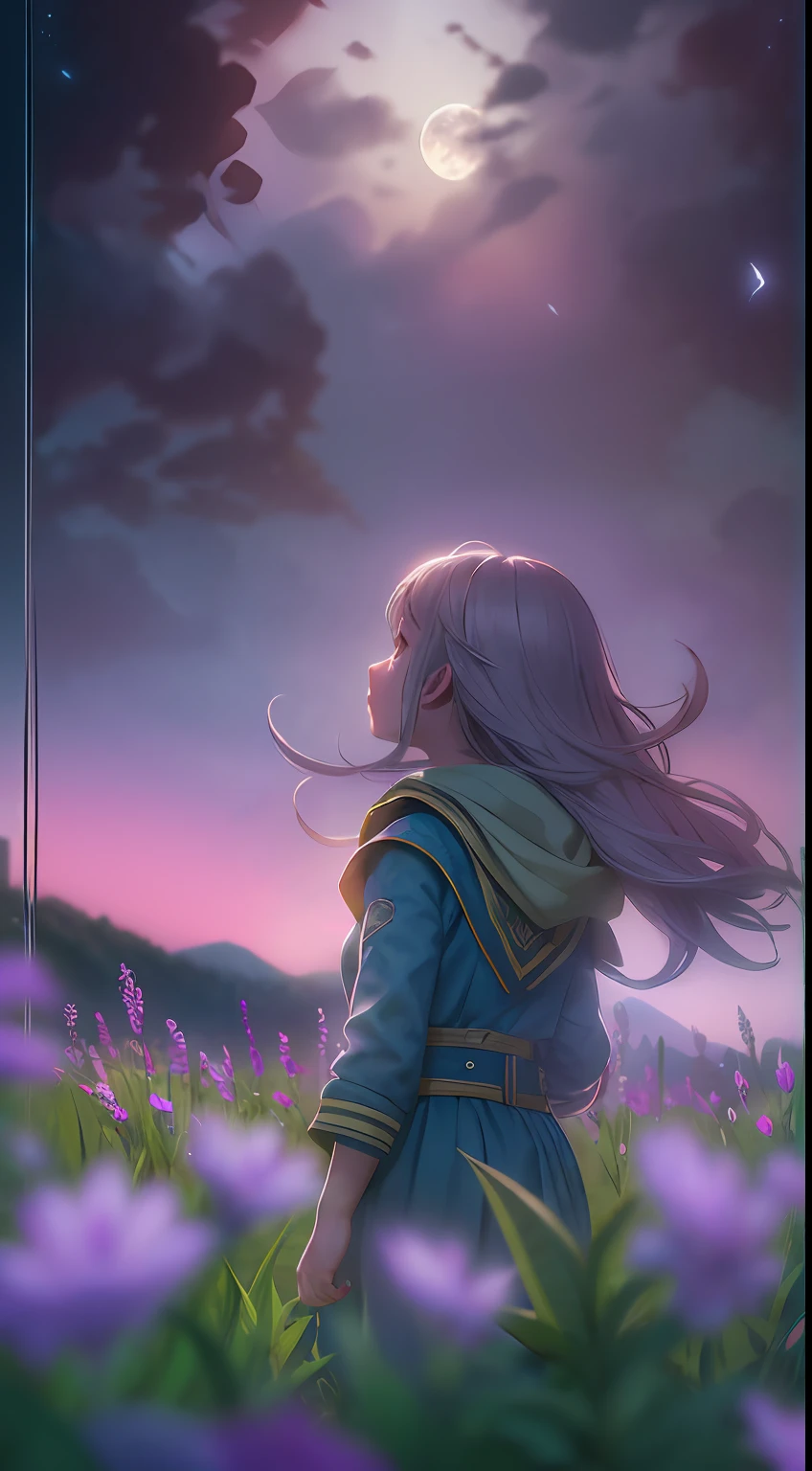 Expansive landscape photograph, (view from below with a view of the sky and wilderness below), little girl standing in a flower field looking up, (full moon: 1.2), (shooting star: 0.9), (nebula: 1.3), distant mountain, tree break production art, (warm light source: 1.2), (firefly: 1.2), lamp, purple and orange, intricate detail, volume lighting, realism break (masterpiece: 1.2) (Best Quality), 4K, Ultra-Detailed, (Dynamic Configuration: 1.4), Highly Detailed and Colorful Details, (Iridescent Colors: 1.2), (Glowing Lighting, Atmospheric Lighting), Dreamy, Magical, (Solo: 1.2)