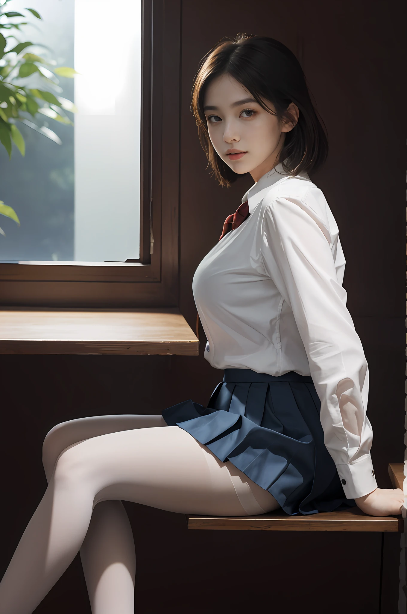 ultra realistic 8k cg, picture-perfect face, flawless, clean, masterpiece, professional artwork, famous artwork, perfect face, beautiful face, beautiful eyes, ((perfect female body)), solo,(immersive atmosphere, chiaroscuro:1.5,bright light:1.2,luminous lighting)
,,(blush:0.5),seductive expression,extremely detailed_eyes,thick thighs,large breasts,
beautifully detailed background,depth of field,realistic:1.3, long shot,1girl,shirt,pleated skirt, school uniform, sitting, full body,
(ambient light:1.3),(cinematic composition:1.3),(neon lights:0.1),(HDR:0.1),Accent Lighting, white pantyhose,