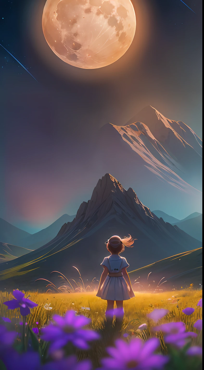 Expansive landscape photograph, (view from below with a view of the sky and wilderness below), little girl standing in a flower field looking up, (full moon: 1.2), (shooting star: 0.9), (nebula: 1.3), distant mountain, tree break production art, (warm light source: 1.2), (firefly: 1.2), lamp, purple and orange, intricate detail, volume lighting, realism break (masterpiece: 1.2) (Best Quality), 4K, Ultra-Detailed, (Dynamic Configuration: 1.4), Highly Detailed and Colorful Details, (Iridescent Colors: 1.2), (Glowing Lighting, Atmospheric Lighting), Dreamy, Magical, (Solo: 1.2)