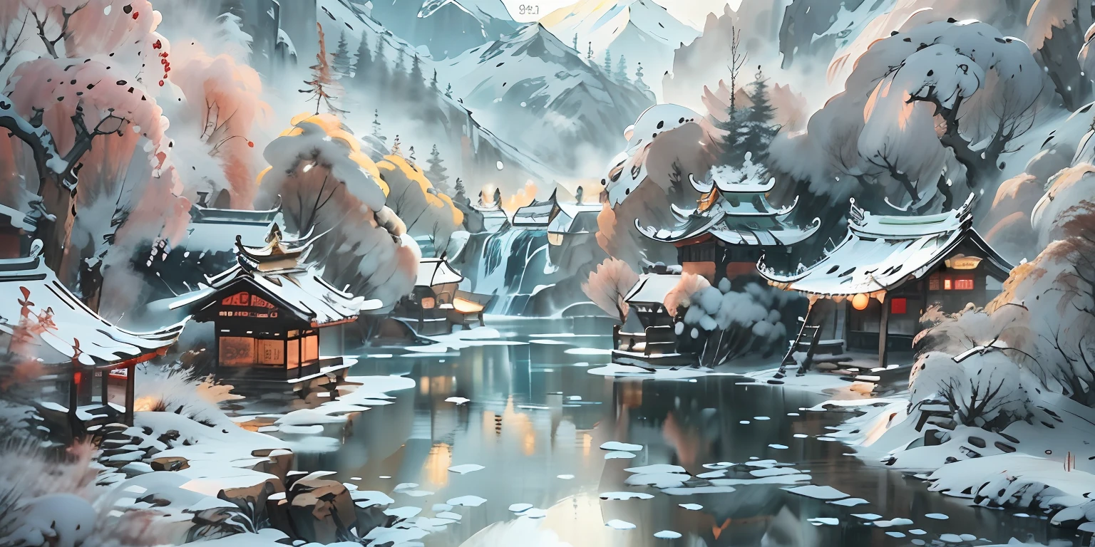 （super wide shot），（Best Masterpiece），8K，An ancient Chinese town nestled in the hills of the mountains，Densely wooded，The leaves are verdant，The stream is babbling，The visuals are beautiful and beautiful，full of sunlight，Winter view，Covered with snow，frozen river，It's snowing