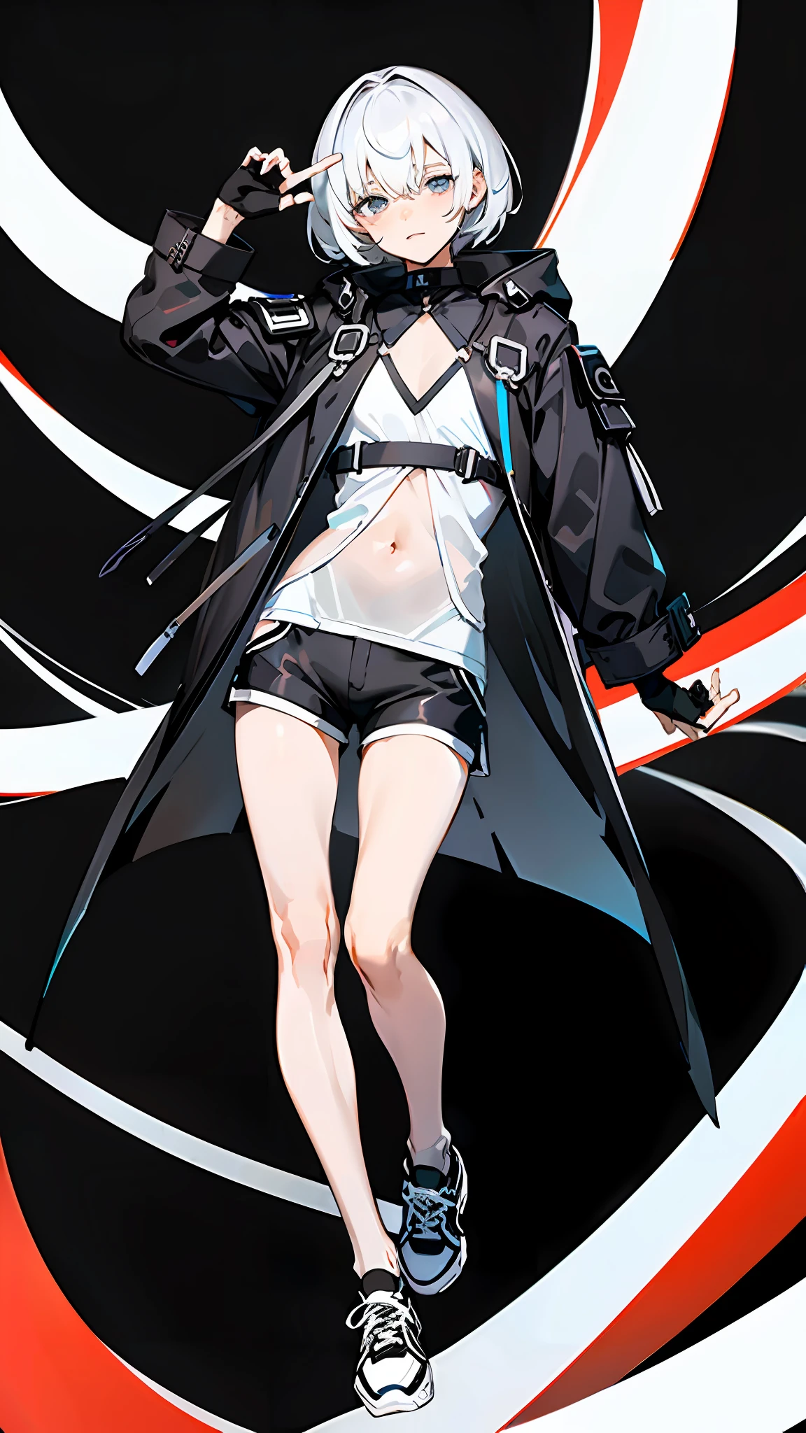 Masterpiece, Best quality, Solo,Boy, Pantyhose, White hair,Short hair, White shirt,(Black shorts:1.5), blackfootwear, full bodyesbian, Black pantyhose, shirt, Shorts, Coat, Open coat, view the viewer, Hood, Sneakers, Open clothes, Black coat, (Flat chest:1.7), No breasts,Long sleeves, bangs, Fingerless gloves, Short hair, hair between eye,Black background