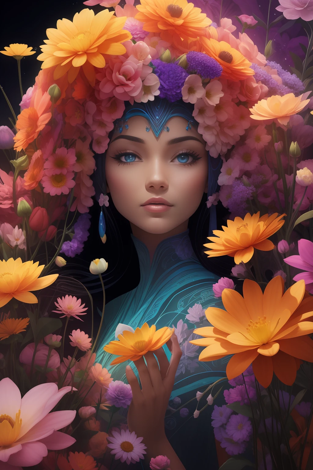 Title: Extraterrestrial Botanical EncounterYou are a skilled digital artist who finds themselves amid an unbelievable interstellar journey. While exploring a distant alien planet, you stumble upon an awe-inspiring field of colorful long-stemmed flowers unlike anything seen on Earth. These exotic blooms exude a captivating vibrancy and their unique beauty beckons you to capture their essence in a set of breathtaking images.Your task is to produce a series of high-quality images that showcase these extraordinary flowers arranged neatly in five rows of eight plants each. The arrangement will be set against a striking black background to enhance their radiant colors. also show these flowers in a nouquet The key to this project is to depict the flowers in a photorealistic style, preserving their otherworldly allure while making them appear as if they belong in our very own realm.To achieve this, you must meticulously study each flower's intricate details, ensuring no nuance is overlooked.