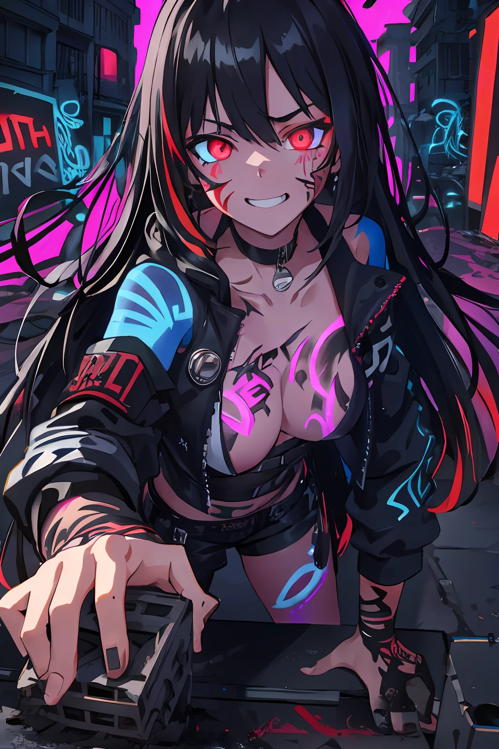 best quality, intricate details, chromatic aberration,
1girl, long hair, black hair, messy hair, red highlights, hair over one eye, red eyes, sharp eyes,
choker, neon shirt, torn legwear, open jacket,
Standing, brick wall, graffiti, (glowing graffiti:1.2), (glowing tattoos1.1), glow, neon lights, medium boobs
(blacklight:1.4),Gts,Looming,Gtscity,cityscape clouds,sly smirk,looking down at viewer