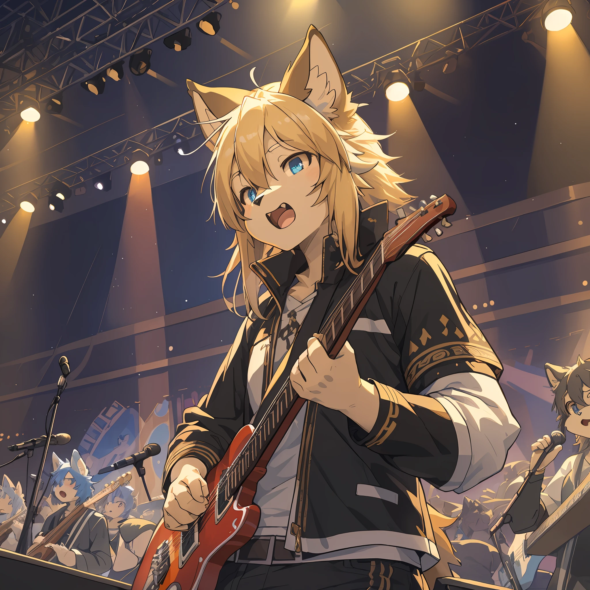 top quality, best quality, High-quality illustrations, masterpiece, super high resolution, detailed background, Rock Band Concerts, Musical instrument performance, Stage Performance, hot air, 6+boys, 6+girls, absurdres(highly detailed beautiful face and eyes)perfect anatomy, expression, good lighting, cinematic shadow(kemono, furry anthro),