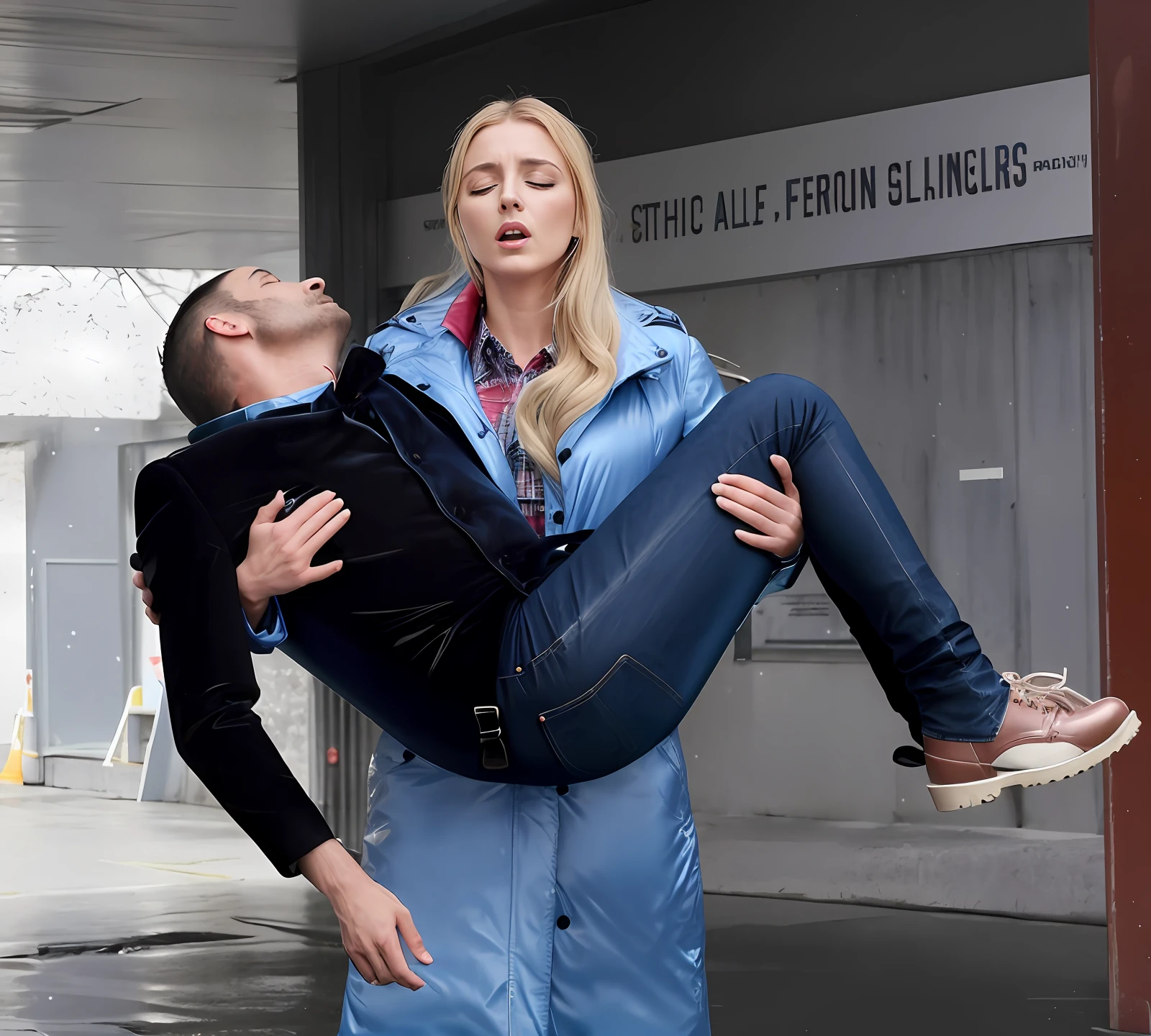 a desperate woman in a glossy plasticcoat, a crying girl in a wetlook high-shine pvc-coat, a terrified woman in a blue wet shiny latex-downcoat, affection pose, action pose, dramatic action pose, theatralic pose, woman that is carrying a man in rough jeans and cotton shirt, there is a beautiful woman in a shiny coat who is carrying a man with rough jeans and a cotton shirt in her arms, a longhaired beautiful woman in a high-shine blue puffy coa longhaired woman in a shiny downcoat, a woman is carrying a man who is wearing very matte jeans and a cotton shirt, a weak man in matte jeans and cotton shirt is consciousless and needs to be carried, a man in rough jeans and cotton shirt with closed eyes is carried in the arms of a longhaired woman, a woman looks very scared and terrified, a consciousless man with closed eyes is suffering very much and has a very painful face, photo, photo shoot, photographed , accident, help, aid, first aid, pity
