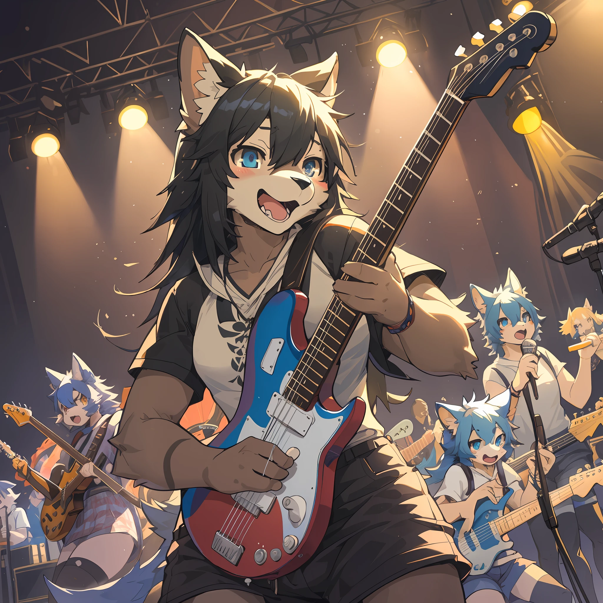 top quality, best quality, High-quality illustrations, masterpiece, super high resolution, detailed background, Rock Band Concerts, Musical instrument performance, Stage Performance, hot air, 6+boys, 6+girls, absurdres(highly detailed beautiful face and eyes)perfect anatomy, expression, good lighting, cinematic shadow(kemono, furry anthro),