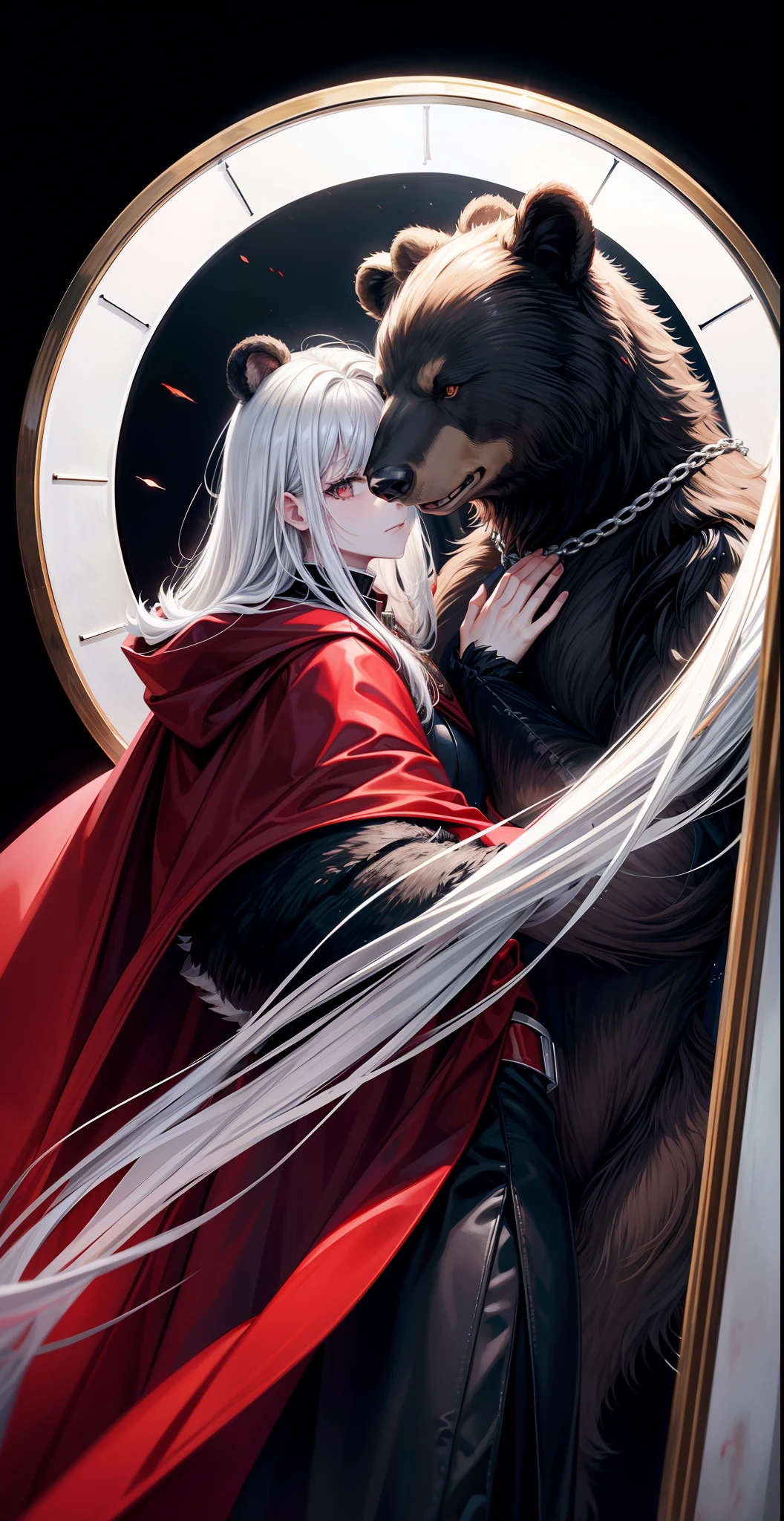 best qualtiy、A thriller masterpiece,High-gloss dark style,The back of a black bear warrior in armor,A bear in armor,A brown bear,Animal Kingdom,Furry bear,Black-white-gray drawing,Bloody moonlight,Desperate visual impact,hands spread wide,It's like embracing the sky,The ground was covered with blood,Death is imminent,The end of London,Mirror inversion,Clock Tower chain,Blood red cloak,White gloves,Mirror-like reflection。
