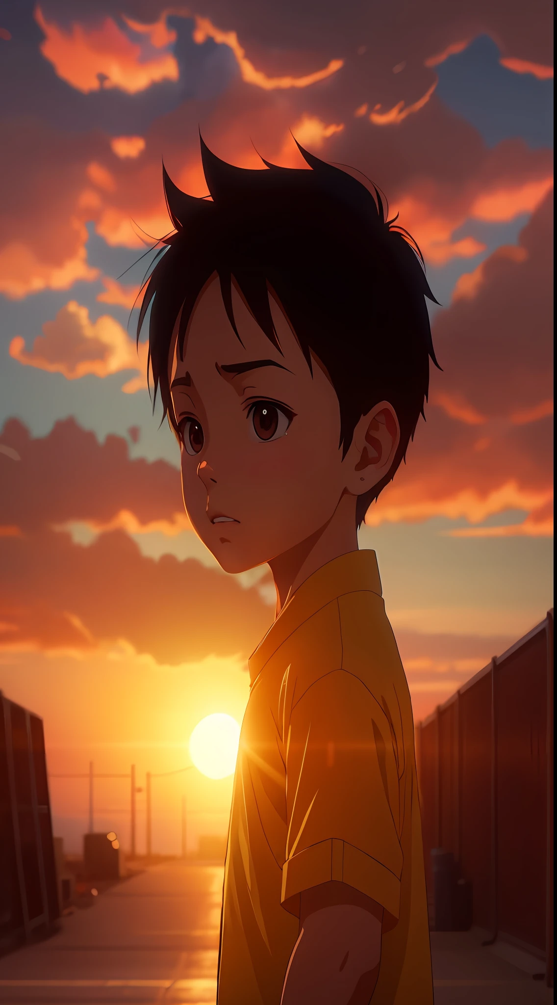 Anime boy staring into camera，The background is sunset, Makoto Shinkai. rendering by octane, Realistic anime 3 D style, anime film still, rendering by octane. By Makoto Shinkai, anime cgi style, anime cgi, watching the sunset. anime big breast, in the anime film, anime big breast. Soft lighting, 3 d anime realistic, akira cgi movie stills，Far perspective