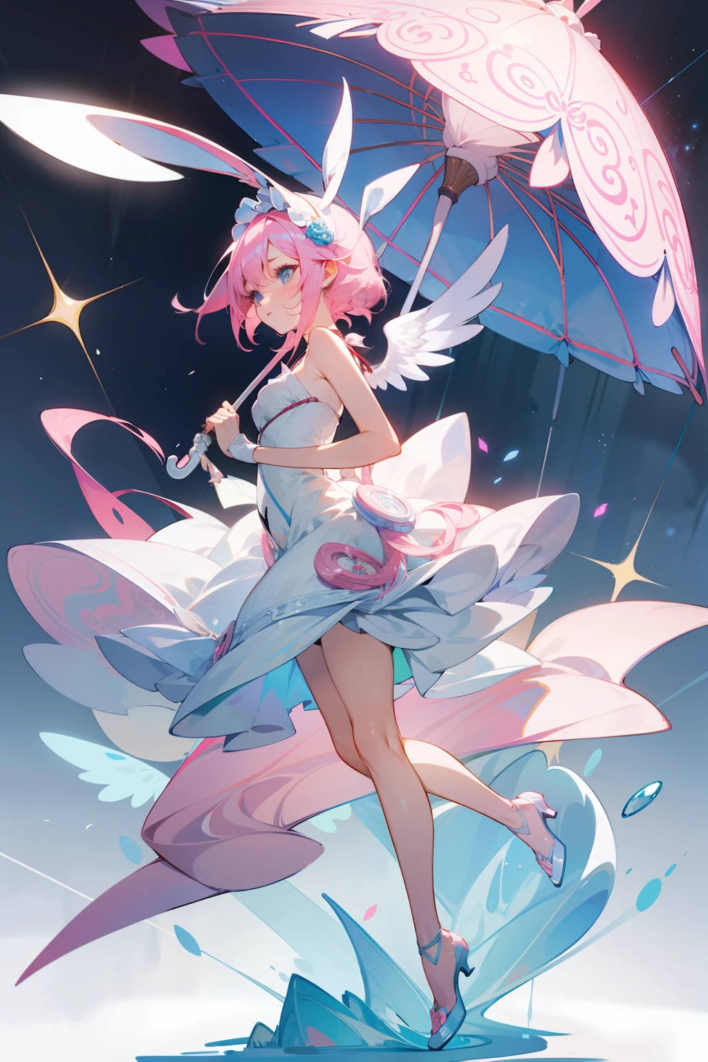 With an umbrella，Gorgeous designed white slip dress，Whole body diagram，A pink-haired，blue color eyes，ornate headdress，Rabbit element，Angel element。