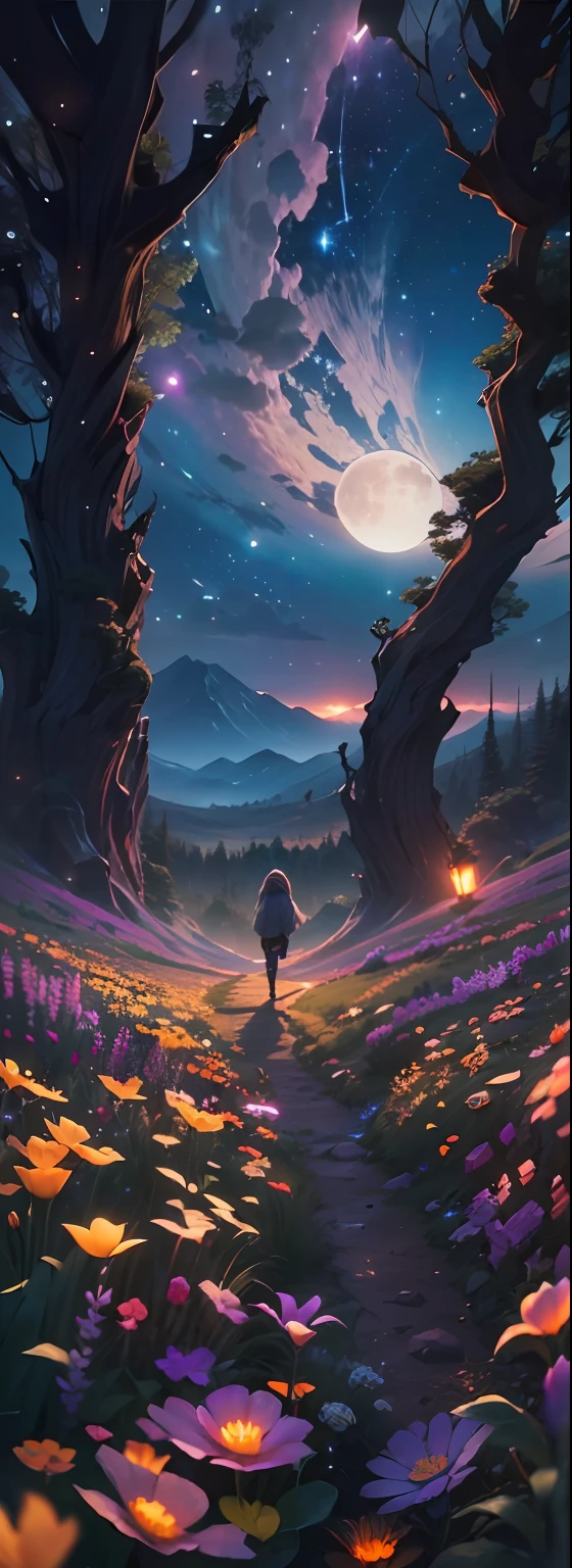 Expansive landscape photograph, (view from below with a view of the sky and wilderness below), little girl standing in a flower field looking up, (full moon: 1.2), (shooting star: 0.9), (nebula: 1.3), distant mountain, tree break production art, (warm light source: 1.2), (firefly: 1.2), lamp, purple and orange, intricate detail, volume lighting, realism break (masterpiece: 1.2) (Best Quality), 4K, Ultra-Detailed, (Dynamic Configuration: 1.4), Highly Detailed and Colorful Details, (Iridescent Colors: 1.2), (Glowing Lighting, Atmospheric Lighting), Dreamy, Magical, (Solo: 1.2)