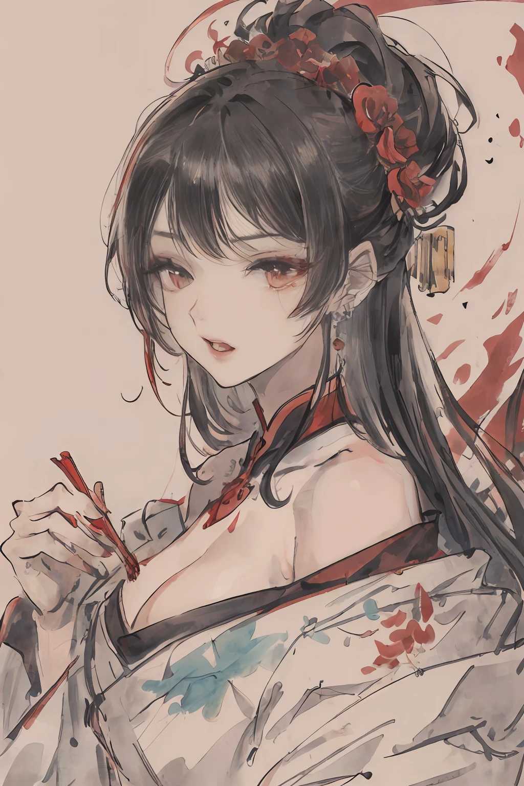 ((High resolution)), (Open Mouth), (Bust), (Top Quality), ((Super Fine)) (Super Fine CG)), ((8k_wallpaper)), Dynamic Angle, Floating, (Eyes with Beautiful Details), Very Delicate and Beautiful Girl, Upper Body, Ink Painting, (Chinese Style), Dark Eyes, Burning, Detail Light. from_low, (black hair), (red spider) lily: 1.33), aqua eye, (hair flower: 1.3), Bloom, single, starry sky, hair accessories, earrings, jewelry, messy hair, bare shoulders, half-closed eyes, bloom, (men), (Hanfu: 1.3), (Medium breasts): 1.2), (Eyeshadow, Red Eyeliner: 1.15), (Eyeshadow, Red Eyeliner: 1.15), (Eyeshadow, Red Eyeliner: 1.15), (Visible Eyes Through Hair: 1.2), (Solo Exhibition), Red Moon