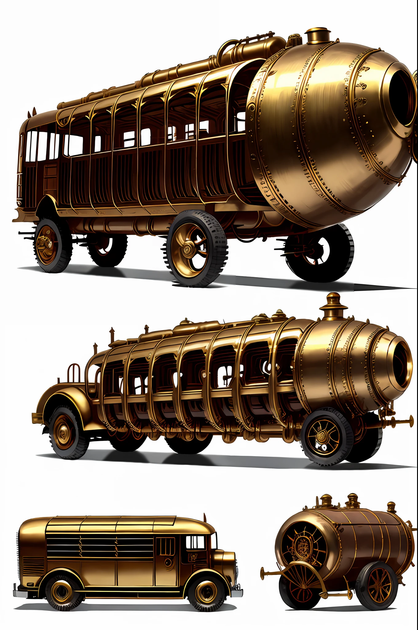 Steampunk Monster School Bus、from side view、brass、steel、Great photos of pipes、White background