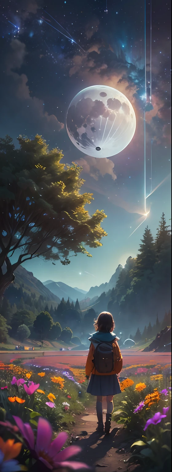Expansive landscape photograph, (view from below with a view of the sky and wilderness below), little girl standing in a flower field looking up, (full moon: 1.2), (shooting star: 0.9), (nebula: 1.3), distant mountain, tree break production art, (warm light source: 1.2), (firefly: 1.2), lamp, purple and orange, intricate detail, volume lighting, realism break (masterpiece: 1.2) (Best Quality), 4K, Ultra-Detailed, (Dynamic Configuration: 1.4), Highly Detailed and Colorful Details, (Iridescent Colors: 1.2), (Glowing Lighting, Atmospheric Lighting), Dreamy, Magical, (Solo: 1.2)