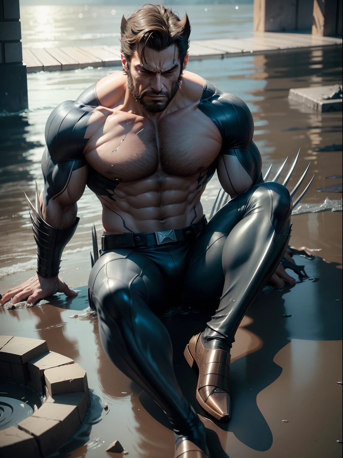 A Dramatic DC character Wolverine is exhausted after being hit by a water flood, cinematic, extreem realistic, extreem detailed, extreem Sharp, full body shot