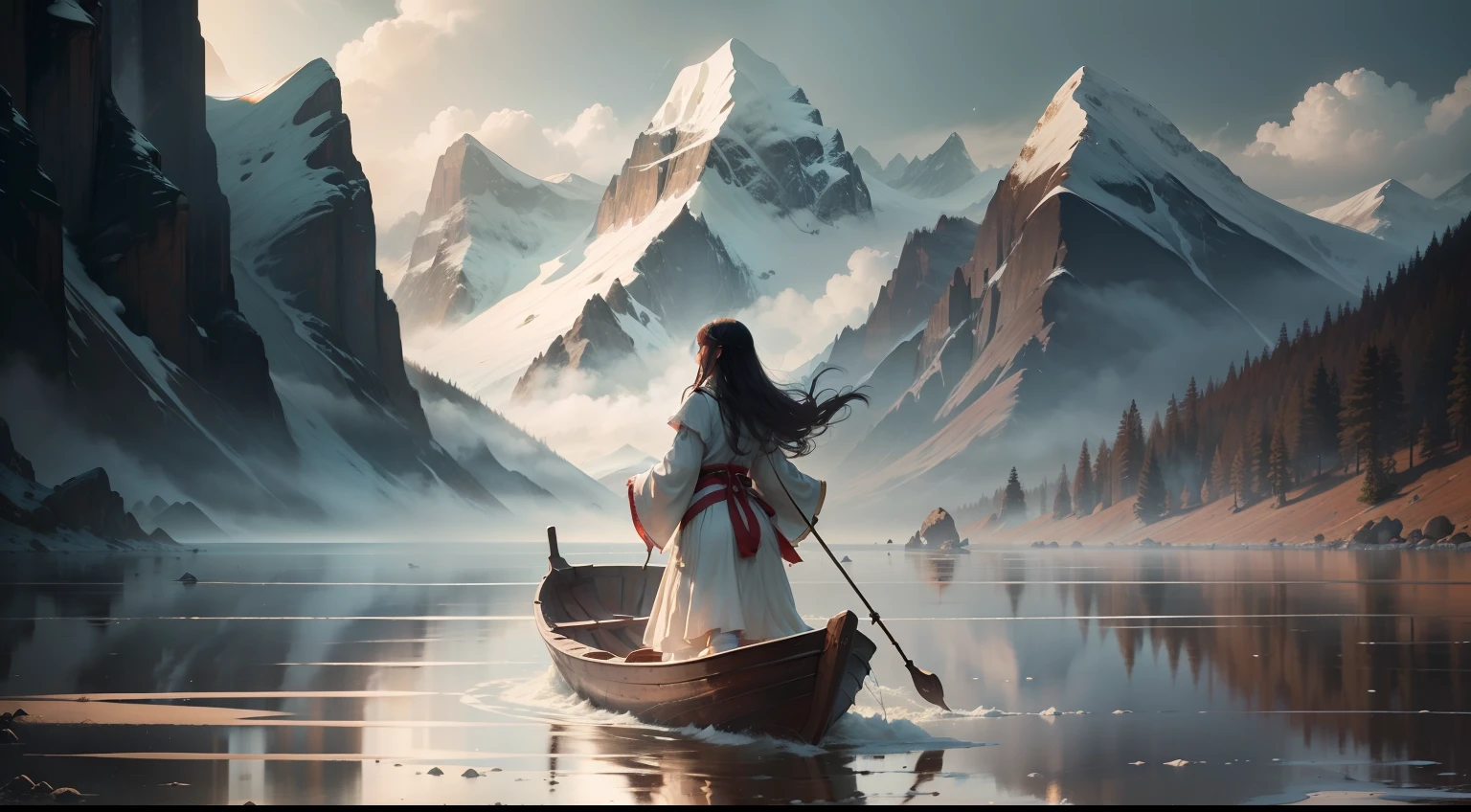 (super wide shot),(Best Masterpiece),8K,majestic mountains embrace a clear river, which reflects the winding peaks like a mirror. In the center, a delicate wooden boat gently floats on the water, carrying a long-haired young girl dressed in splendid traditional Chinese attire. With a gentle smile, she gazes into the distance, resembling a celestial being amidst the mountains and water,
In the distance, the mountain peaks are faintly shrouded in a misty drizzle, creating a subtle veil of rain. The raindrops lightly dance in the air, adding a touch of mystery and haziness to the entire scene. This contrasts vividly with the bright area where the girl stands, emphasizing the layered depth and emotions of the painting,
The whole composition exudes tranquility and harmony, as if it transports the viewers into a mesmerizing fairyland. The presence of the young girl, intertwined with the mountains, rain, and mist, forms a beautiful and evocative landscape artwork. The observers can almost feel the profound connection between the girl and nature, as they gracefully dance in harmony with one another,(super wide shot),(Best Masterpiece),8K,