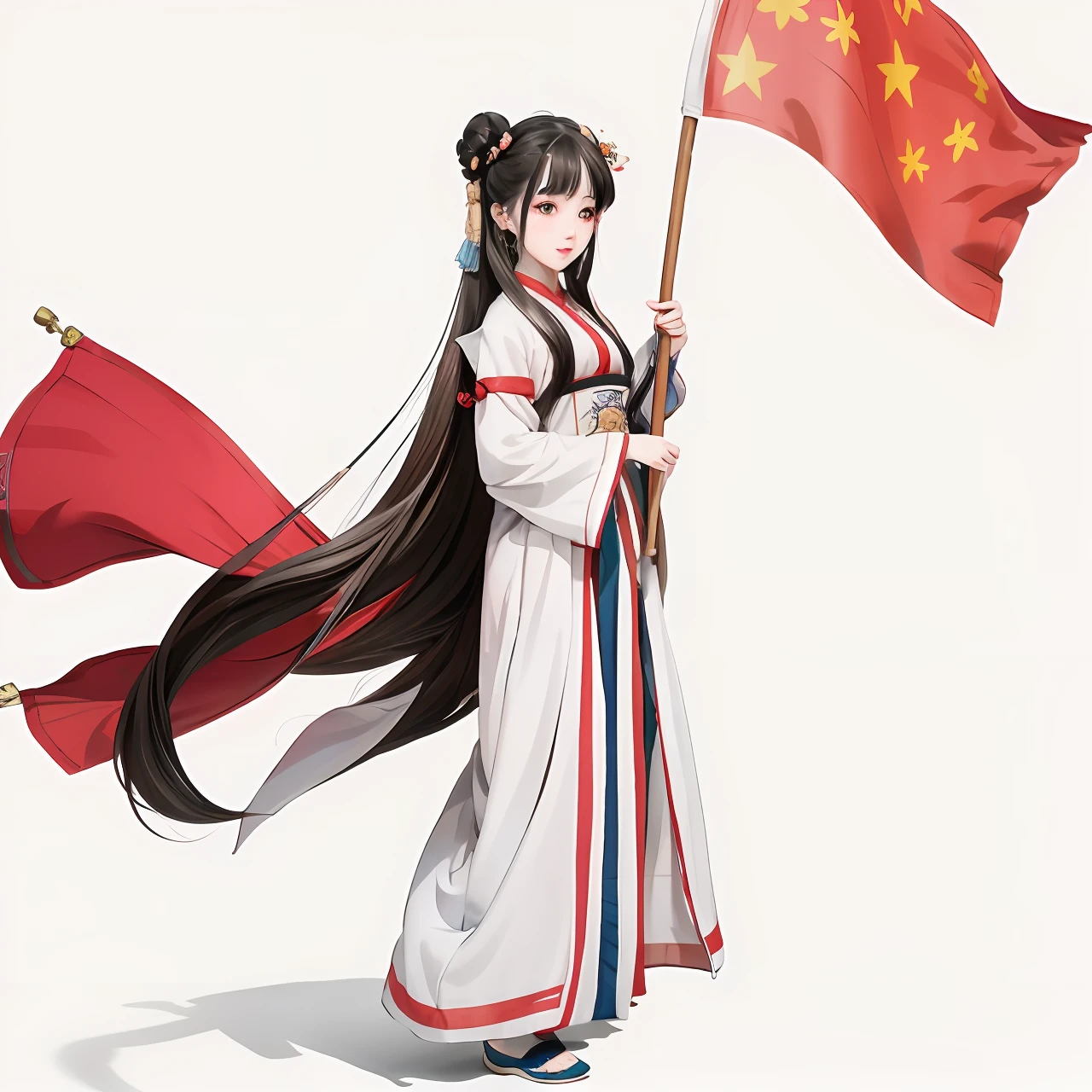 Aradi woman with long hair and flag on white background, Guviz, Inspired by Xiao Yuncong, pixiv daily ranking, Guviz-style artwork, inspired by Ma Yuanyu, Chinese watercolor style, trending on cgstation, High Quality Anime Art Style, zmonzheng, Chinese girl, author：Cheng Jiasui