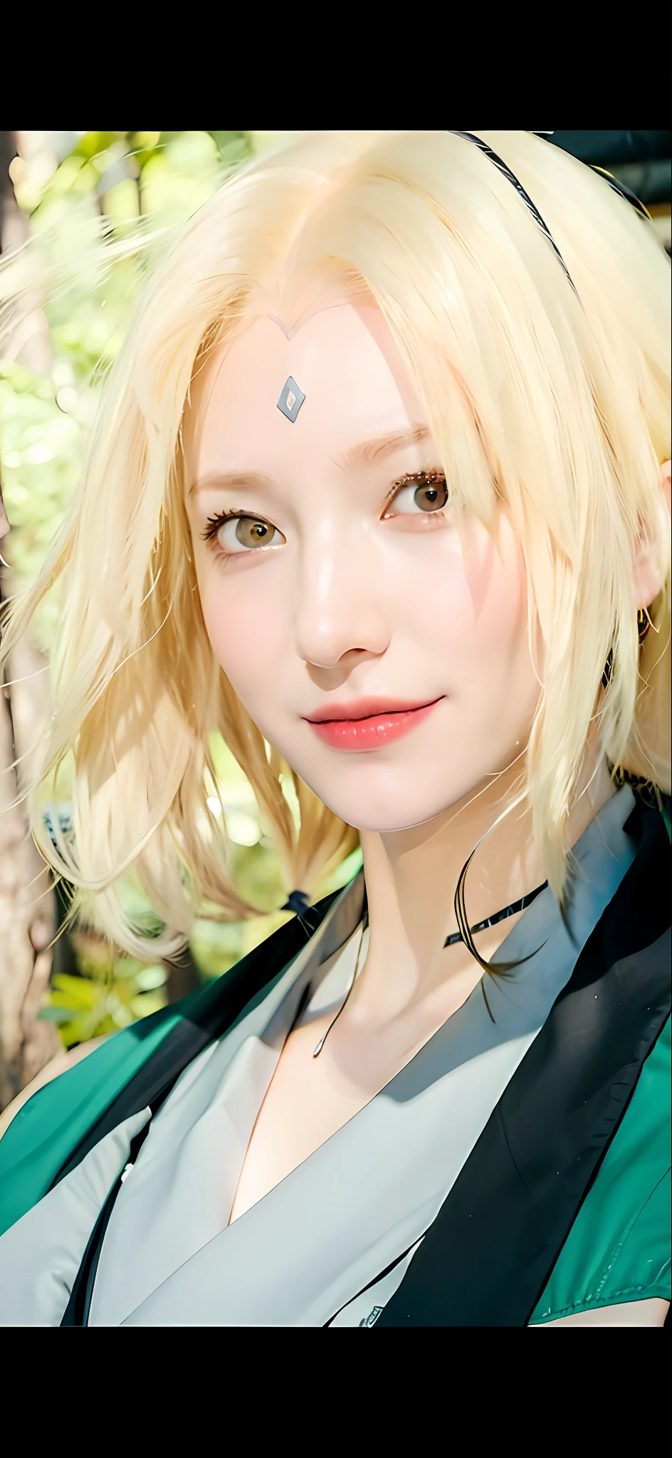 1girl, (8k, RAW photo, best quality, masterpiece:1.2), (ultra highres:1.0),detailed illustration, (real person,fashion photography portrait,photograph), detailed, detailed beautiful skin, (realistic, photo-realistic:1.37), taunadeNS, solo, professional lighting, green dress), village, east asian architecture, trees, village hidden in the leaves background,looking_at_viewer, smile,yellow hair,yellow eyes,mitain,toeless footwear,kunai,facial mark,konohagakure symbol,fighting_stance,fence,ninja,adjusting gloves,sleeveless,cleavage, big breats