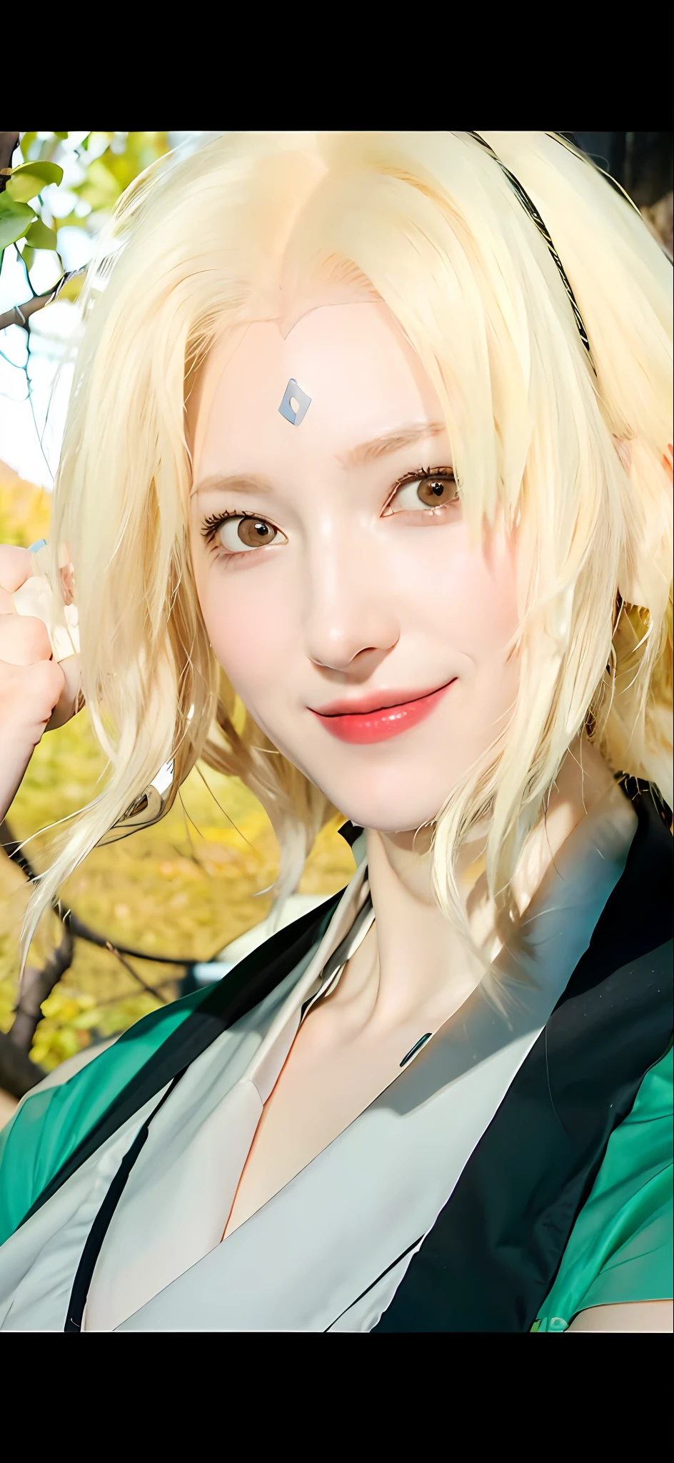 1girl, (8k, RAW photo, best quality, masterpiece:1.2), (ultra highres:1.0),detailed illustration, (real person,fashion photography portrait,photograph), detailed, detailed beautiful skin, (realistic, photo-realistic:1.37), taunadeNS, solo, professional lighting, green dress), village, east asian architecture, trees, village hidden in the leaves background,looking_at_viewer, smile,yellow hair,yellow eyes,mitain,toeless footwear,kunai,facial mark,konohagakure symbol,fighting_stance,fence,ninja,adjusting gloves,sleeveless,cleavage, big breats