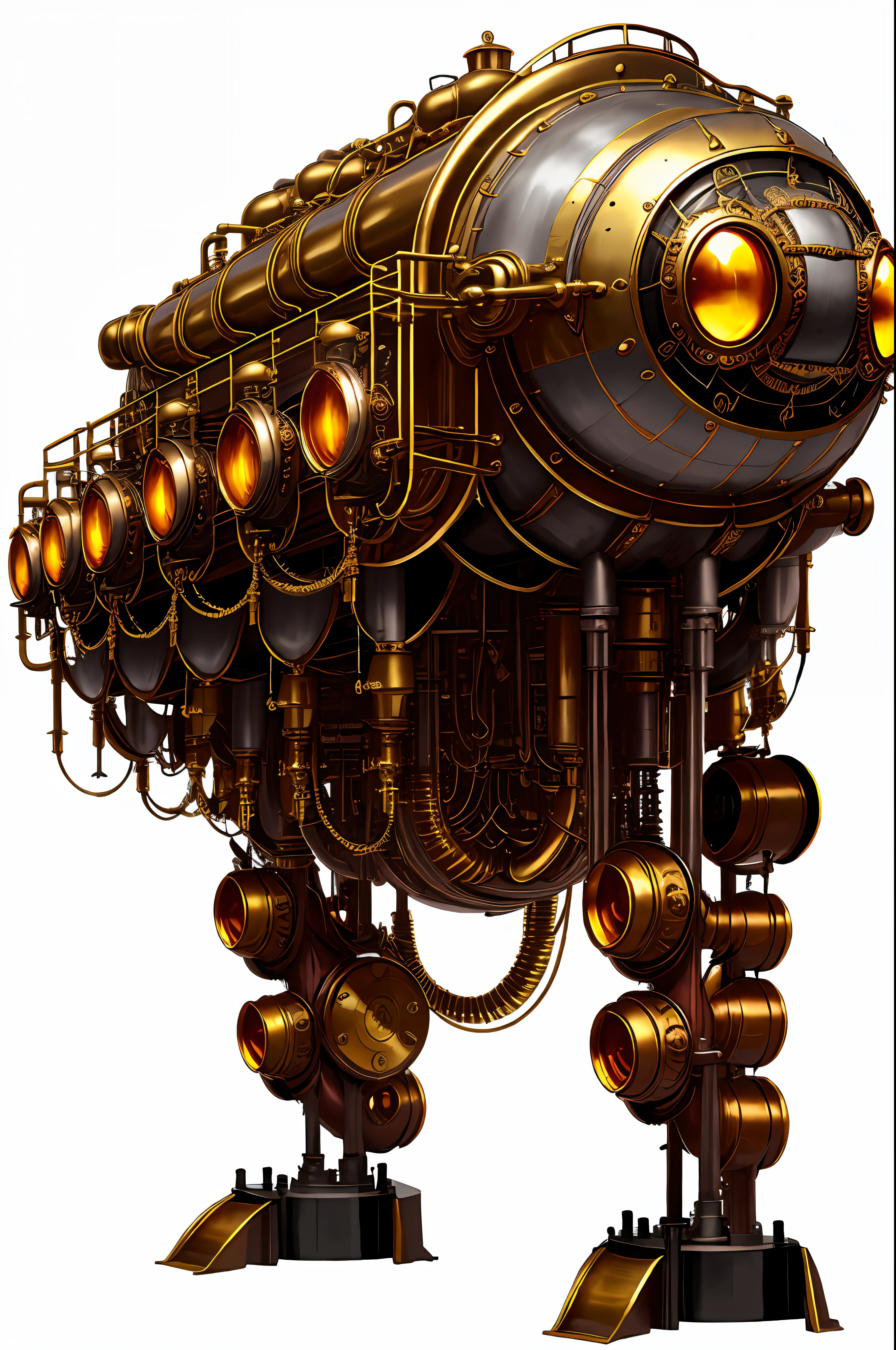 Steampunk Monster School Bus、from side view、brass、steel、Great photos of pipes、White background