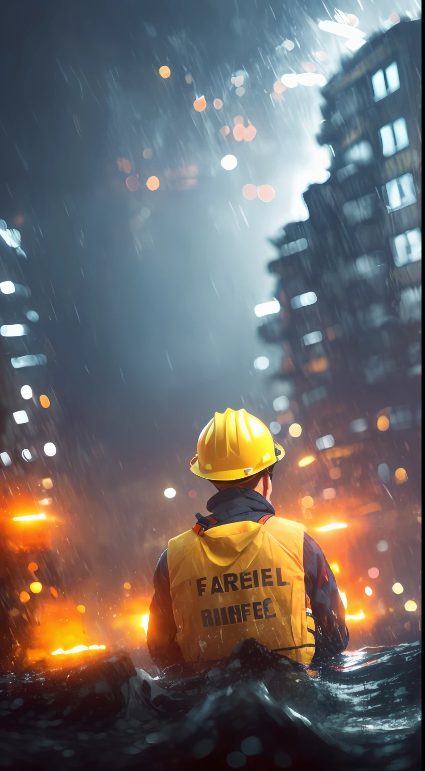 (Fearful:1.3) A firefighter, yellow hardhat，Red life jacket，life raft，Great，Kamimei，Look up，From behind, In the ruins,floods，downpours，save，save， Bokeh, Light particles, Highly detailed painting,(dark hues:1.3),(Close portrait:1.3),thematic background