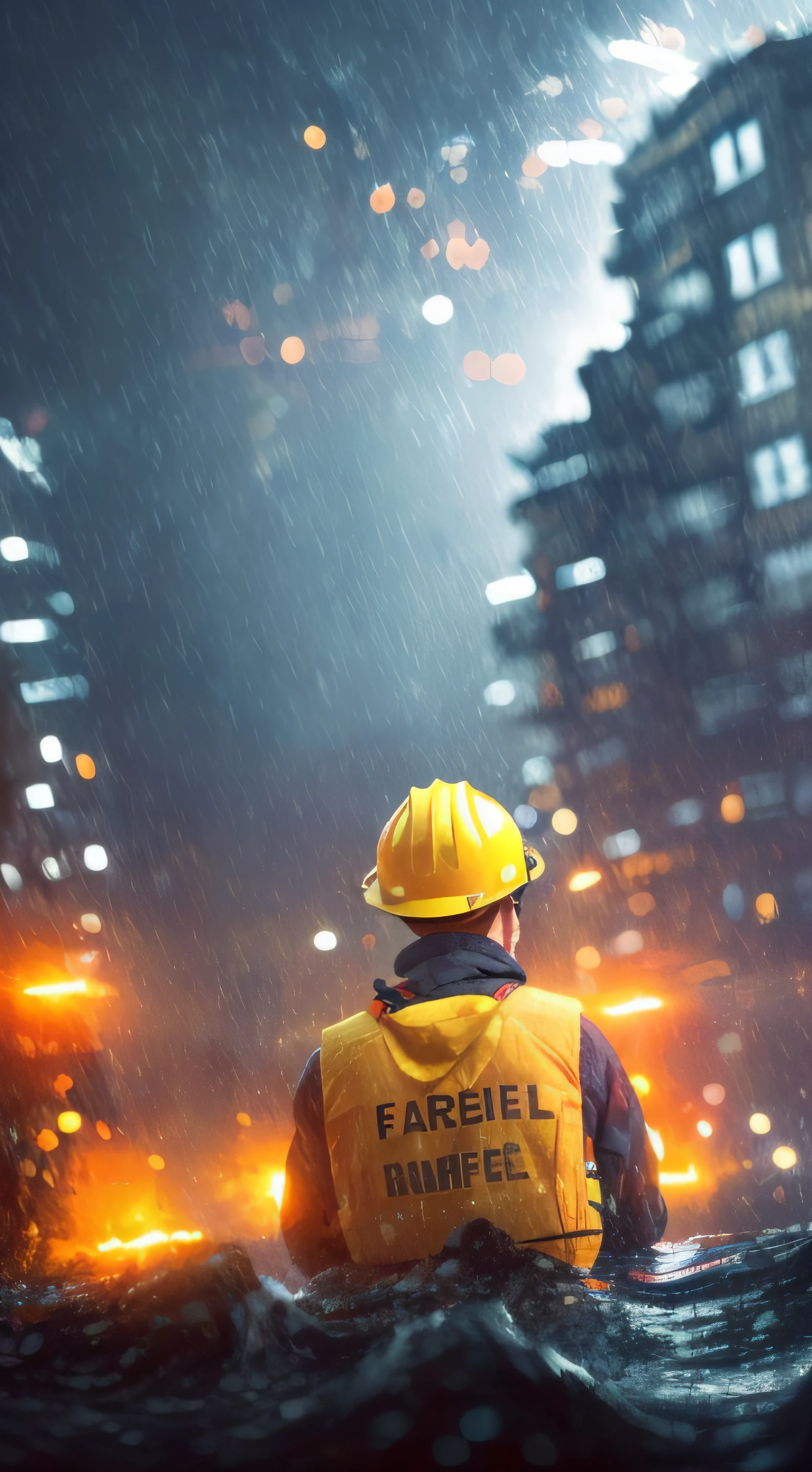 (Fearful:1.3) A firefighter, yellow hardhat，Red life jacket，life raft，Great，Kamimei，Look up，From behind, In the ruins,floods，downpours，save，save， Bokeh, Light particles, Highly detailed painting,(dark hues:1.3),(Close portrait:1.3),thematic background