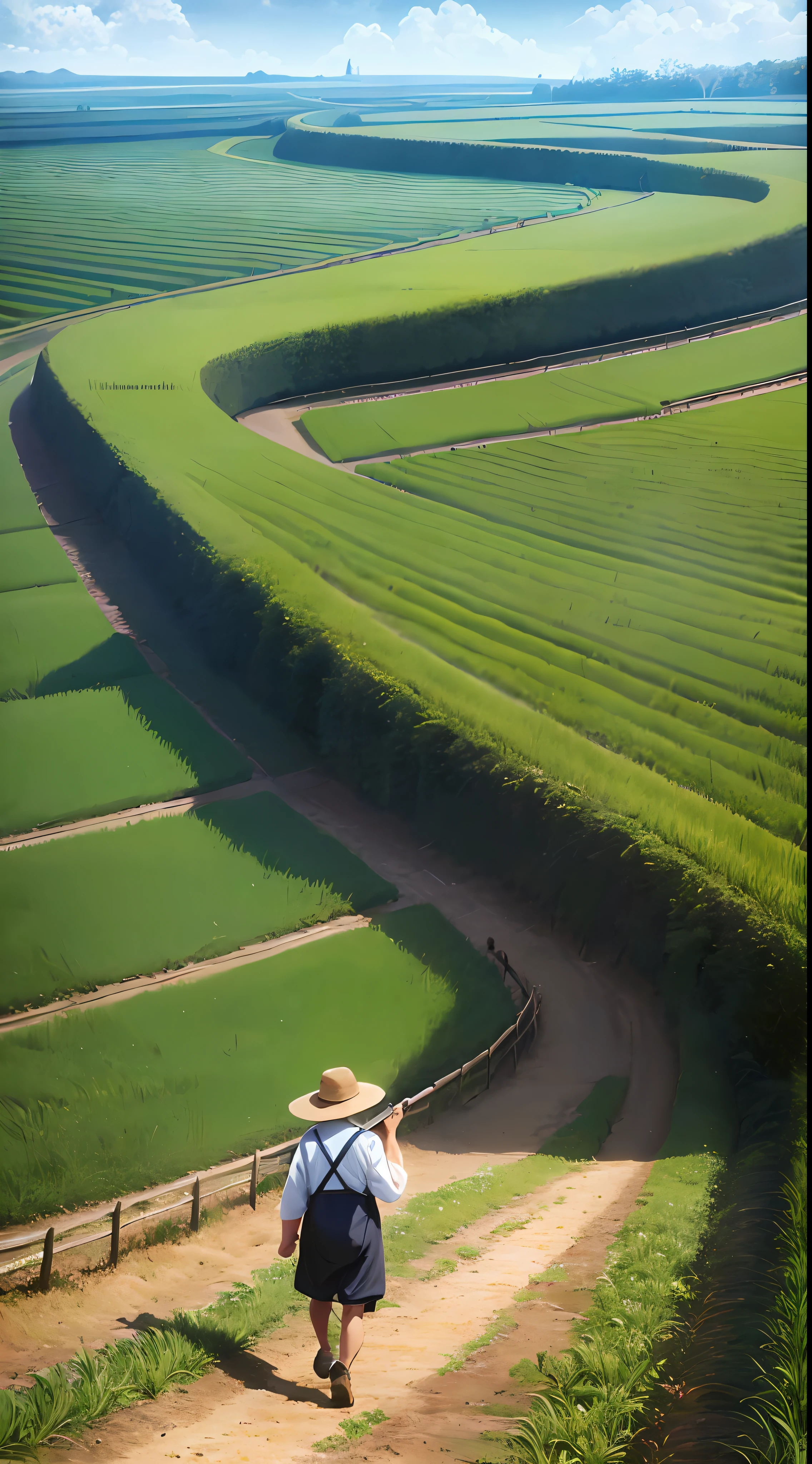An old farmer carrying a flat burden, walking on the winding path of the countryside, big clouds, blue sky, rice fields, neat rice seedlings in the field, forest, hillside, secluded, countryside, HD detail, hyper-detail, cinematic, surrealism, soft light, deep field focus bokeh, ray tracing and surrealism. --v6