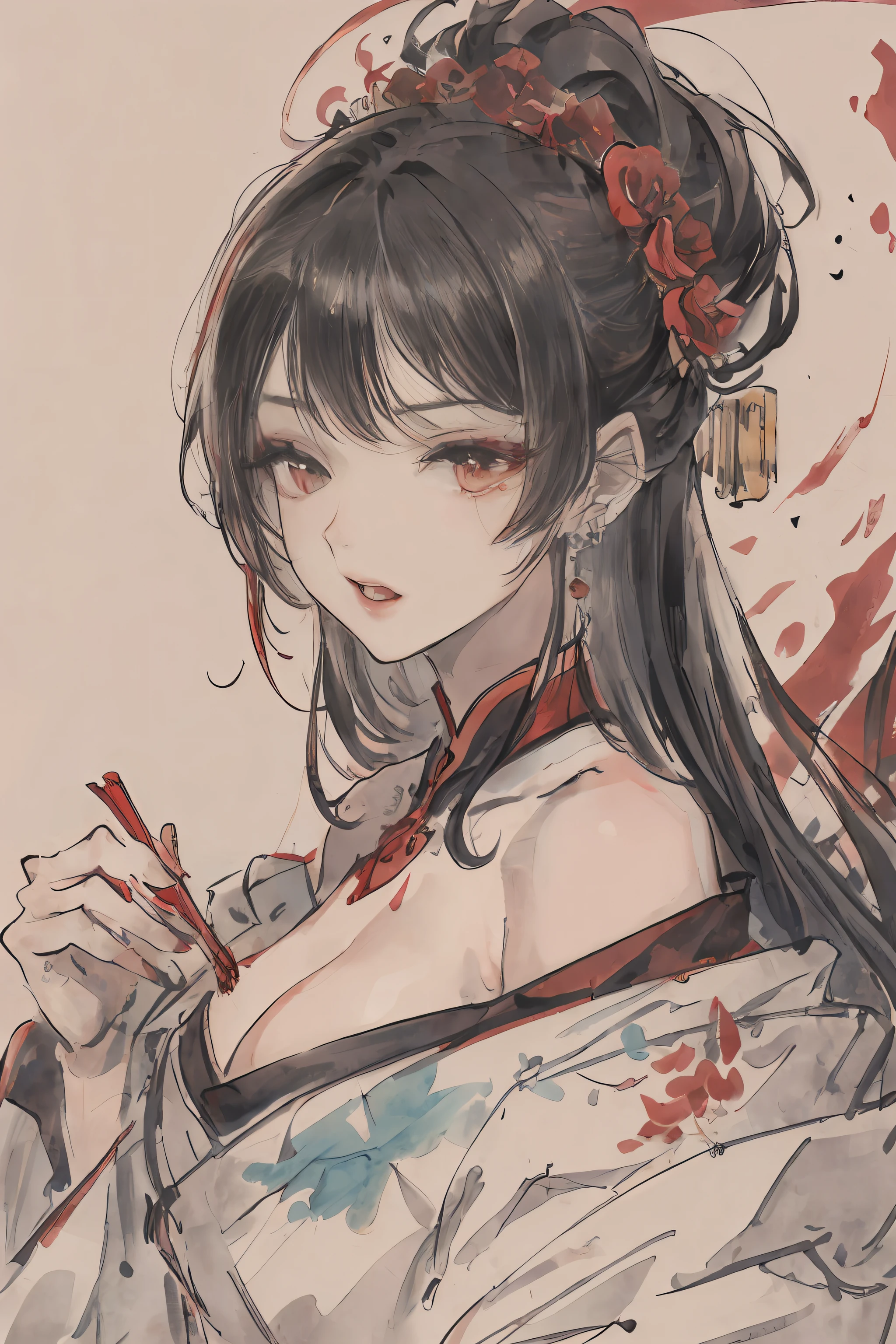 ((High resolution)), (Open Mouth), (Bust), (Top Quality), ((Super Fine)) (Super Fine CG)), ((8k_wallpaper)), Dynamic Angle, Floating, (Eyes with Beautiful Details), Very Delicate and Beautiful Girl, Upper Body, Ink Painting, (Chinese Style), Dark Eyes, Burning, Detail Light. from_low, (black hair), (red spider) lily: 1.33), aqua eye, (hair flower: 1.3), Bloom, single, starry sky, hair accessories, earrings, jewelry, messy hair, bare shoulders, half-closed eyes, bloom, (men), (Hanfu: 1.3), (Medium breasts): 1.2), (Eyeshadow, Red Eyeliner: 1.15), (Eyeshadow, Red Eyeliner: 1.15), (Eyeshadow, Red Eyeliner: 1.15), (Visible Eyes Through Hair: 1.2), (Solo Exhibition), Red Moon