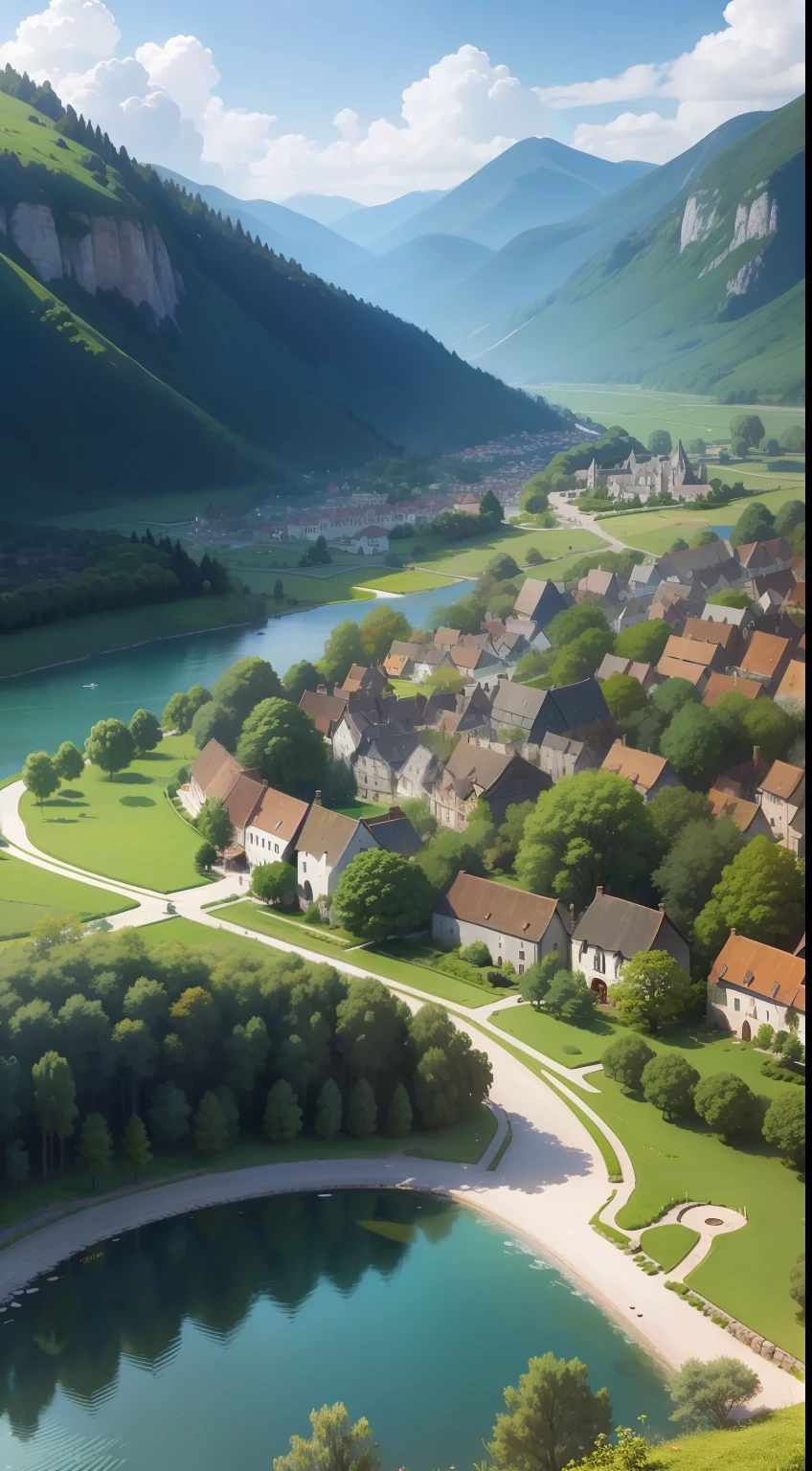 A beautiful village with ancient buildings surrounded by green forest and a lake in the middle of the village.