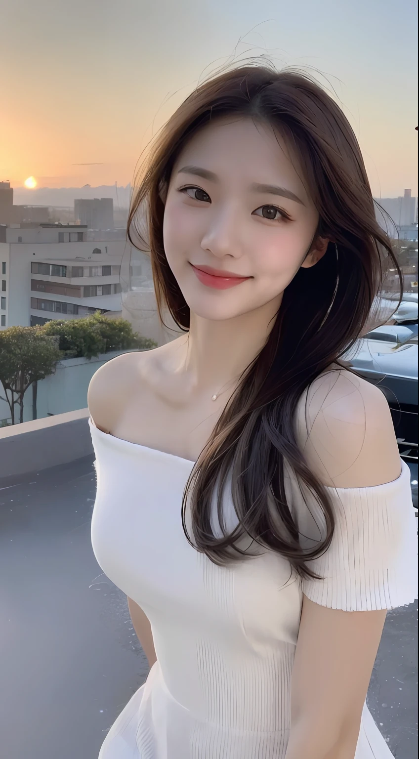 (1 Korean star with royal sister style), ((Best quality, 8K, Masterpiece: 1.3)), focal point: 1.2, Perfect body proportions: 1.4, (Make a smile), (Sunset: 1.3), Watery eyes, Highly Detailed Face and Skin Textur, Fine eyes, Double eyelids, Whitens the skin, (long whitr hair, Air bangs: 1.3), (Round face inches: 1.5), (off the shoulder dress: 1.4), (Standing on the roof: 1.6),(white stockings: 1.4),(film grain style:1.3),a sense of atmosphere