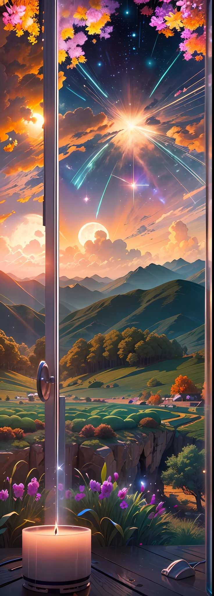 Expansive landscape photograph, (view from below with a view of the sky and wilderness below), little girl standing in a flower field looking up, (full moon: 1.2), (shooting star: 0.9), (nebula: 1.3), distant mountain, tree break production art, (warm light source: 1.2), (firefly: 1.2), lamp, purple and orange, intricate detail, volume lighting, realism break (masterpiece: 1.2) (Best Quality), 4K, Ultra-Detailed, (Dynamic Configuration: 1.4), Highly Detailed and Colorful Details, (Iridescent Colors: 1.2), (Glowing Lighting, Atmospheric Lighting), Dreamy, Magical, (Solo: 1.2)