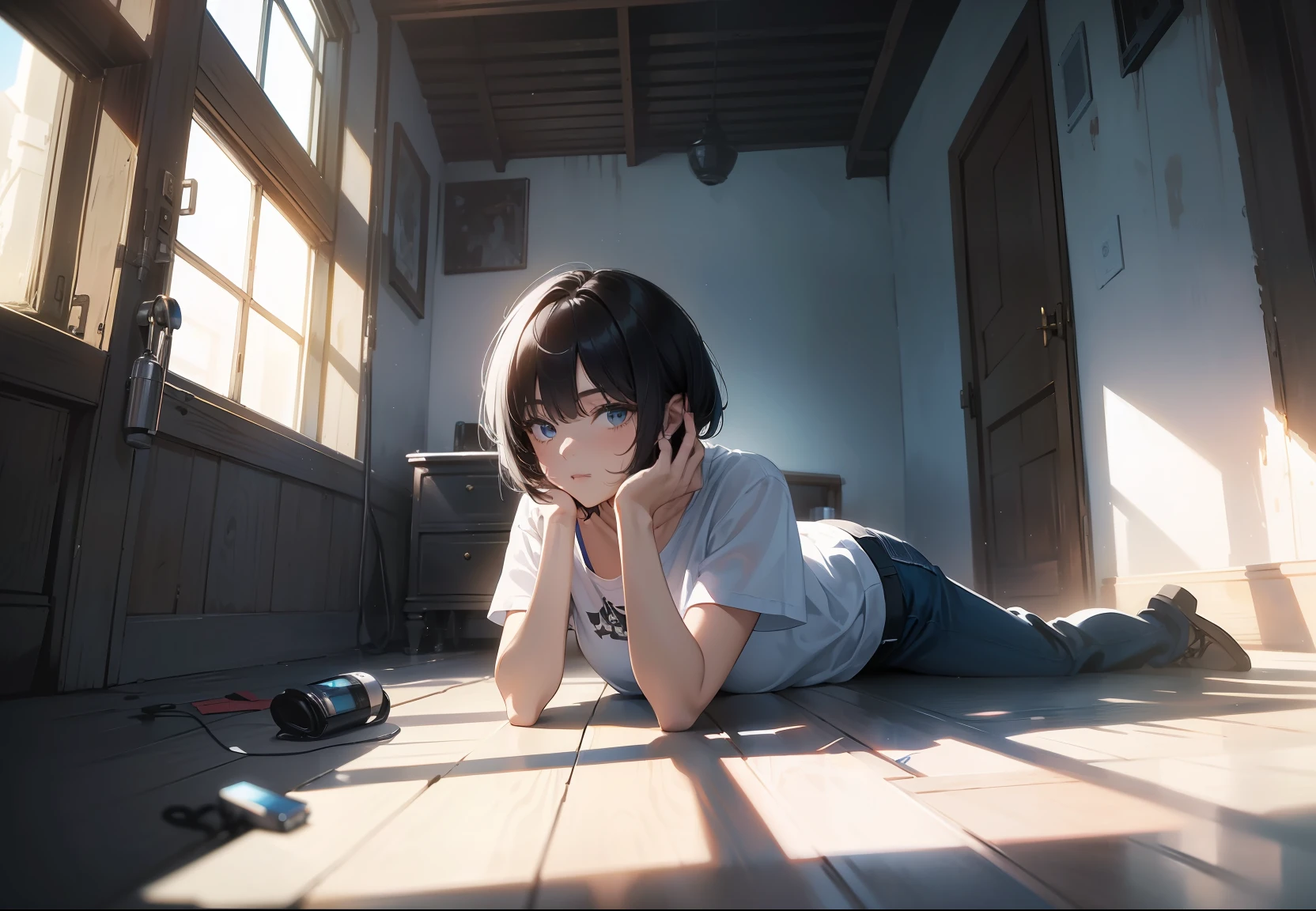 tmasterpiece, Best quality at best,((Background with:inside a room),1girll,Short black hair,White T-shirt blue jeans,lies on the ground,holding cell phone,Realisticstyle,