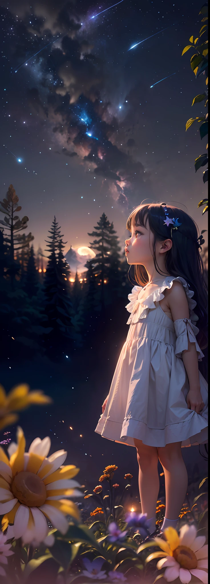 Expansive landscape photograph, (view from below with a view of the sky and wilderness below), standing in a flower field looking up, (full moon: 1.2), (shooting star: 0.9), (nebula: 1.3), distant mountain, tree break production art, (warm light source: 1.2), (firefly: 1.2), lamp, purple and orange, intricate detail, volume lighting, realism break (masterpiece: 1.2) (Best Quality), 4K, Ultra-Detailed, (Dynamic Configuration: 1.4), Highly Detailed and Colorful Details, (Iridescent Colors: 1.2), (Glowing Lighting, Atmospheric Lighting), Dreamy, Magical, (Solo: 1.2)