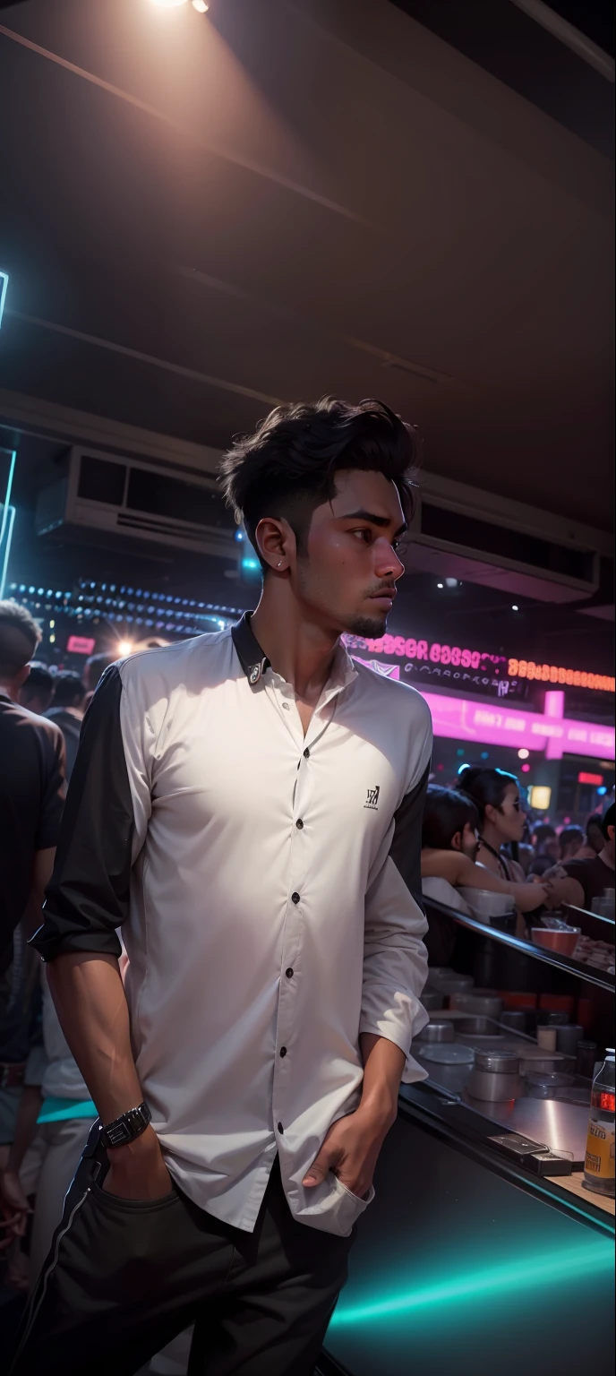 A close up of this photo in disco club, in black shirt, (dance floor full with young people in background:0.9) , 8k uhd, dslr, high quality, film grain, Fujifilm XT3, fair skin colour