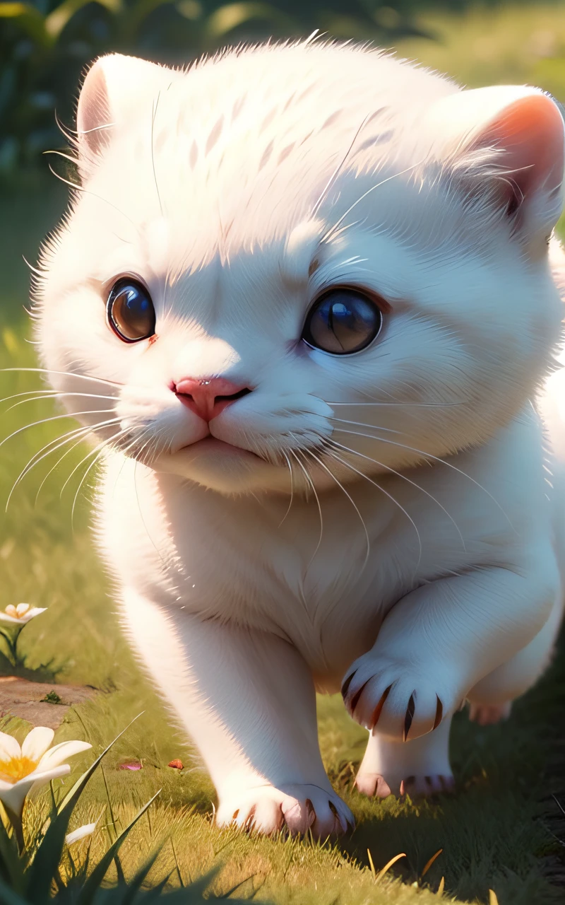 Cute white otter、In the grass、 hight resolution、insanely detaileda、Convoluted、elegent、4K Ultra Detail、Cinematic sensual、masterpiece、Farbe、surrealistic、 vivd colour、Convoluted、high detailing、Photorealsitic、symmetry、Volumetric lighting、beautifly、Rich deep colors、masterpiece、Facing to the side、Running、black eyes