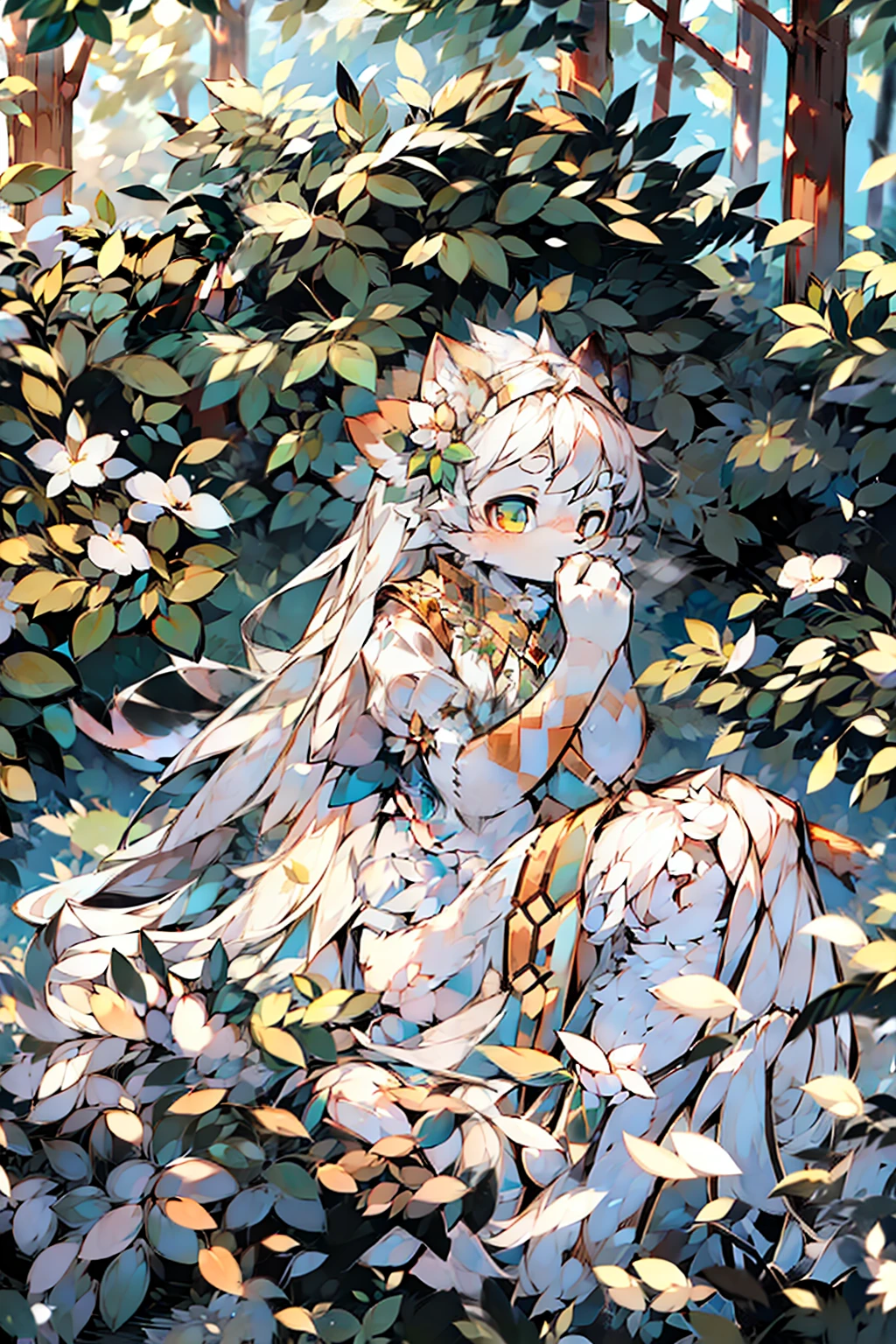 (masterpiece, best quality),1girl with long white hair sitting in a field of green plants and flowers, her hand under her chin, warm lighting, white dress, blurry foreground