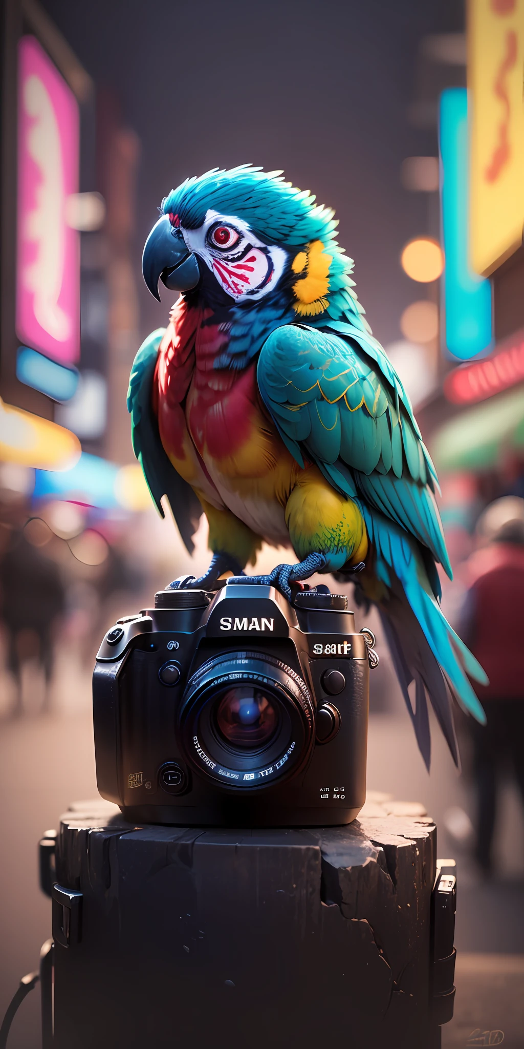 Red and blue Parrot , artistic style, colourful,:: cyberpunk::1 backlight::1 DSLR::1 ceramic::1 dof --auto --s2