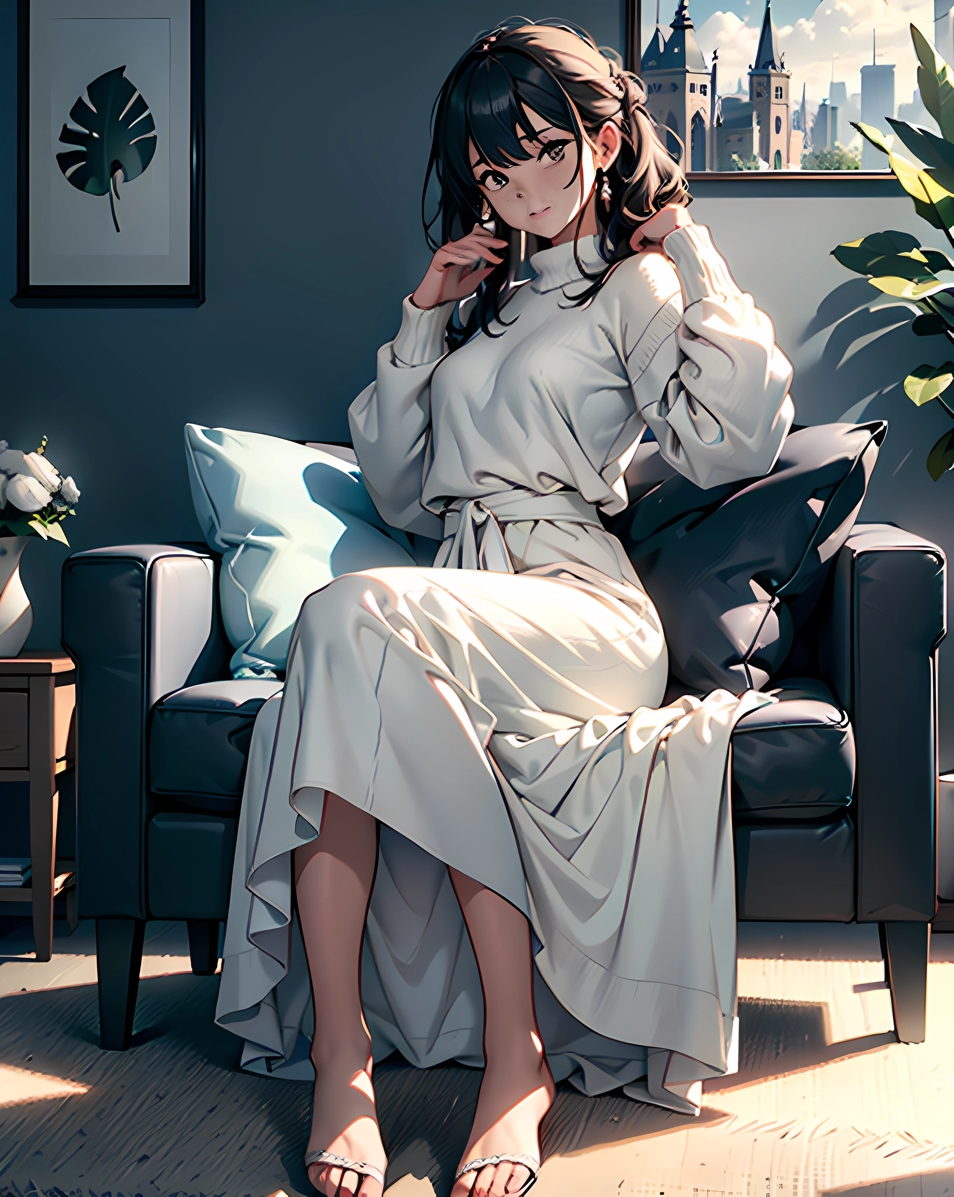 absurderes、hight resolution、ultra-detailliert)、(the Extremely Detailed CG Unity 8K Wallpapers、Beautifully Aesthetic:1.2)、(1girl in:1.3)、Lady、独奏、The upper part of the body、rcasual、It features a simple、Natural Fabric、Sit up、knit、white shirt、Brownish、If you have a photo、Hold in hand、Plain clothe、a room、sit on sofa、Mystical lighting、Ethereal Atmosphere、dressed casually, Sweaters, tortoise、closed clothes、natural soft light、darker shadows、Living Loo、Long skirt with white lace、pulling the hands up、foot
Waiting to start