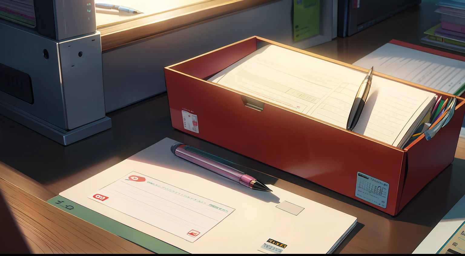 On the desk，Stationery box，There is a picture of a pen