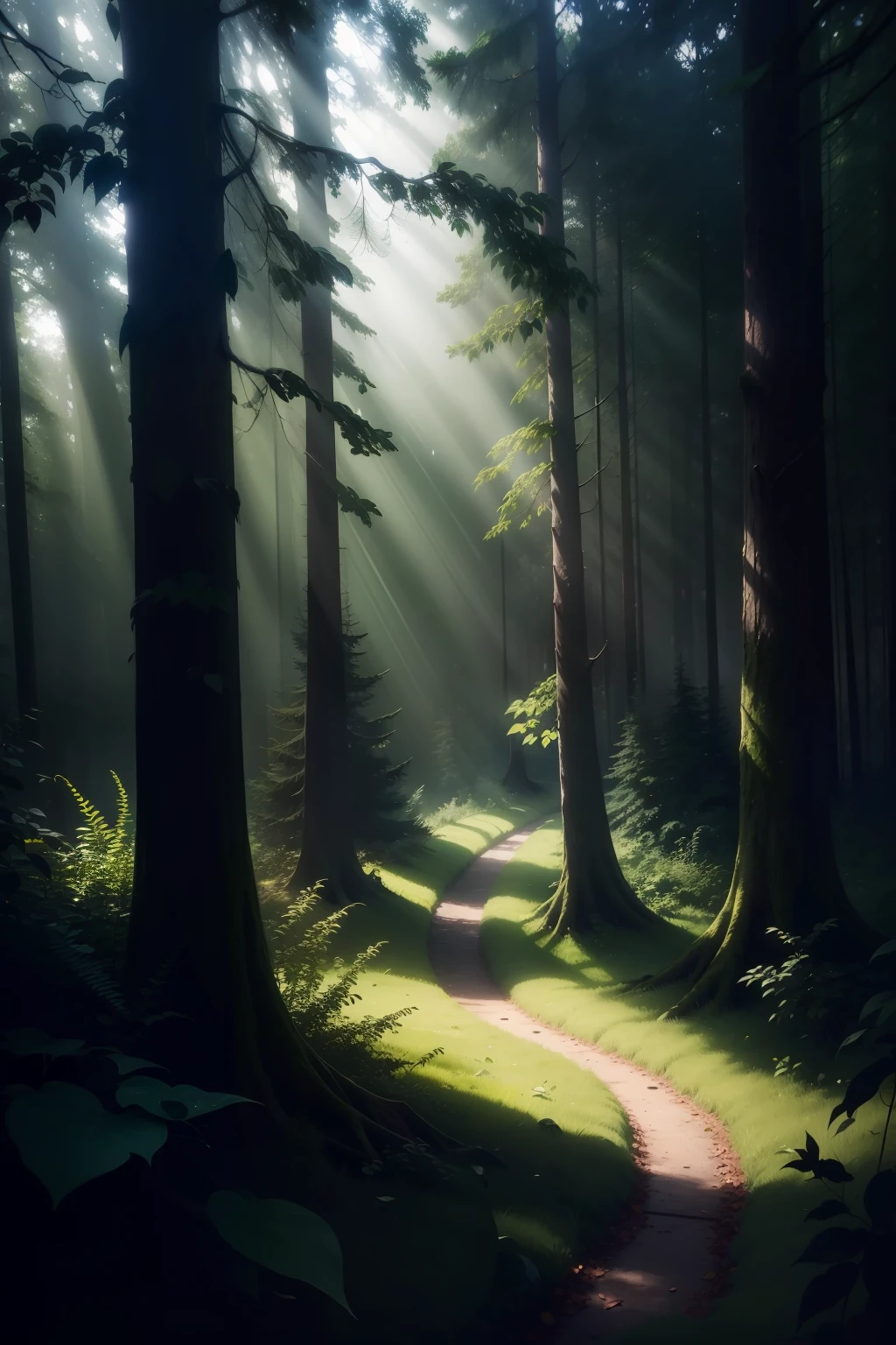 ln the forest, Lots of dark green leaves, A deep, everlasting, outside border, negative space, first-person view, close-up, atmospheric perspective, chiaroscuro, cinematic lighting, god rays, Surrealism, Impressionism, high details, super detail, masterpiece