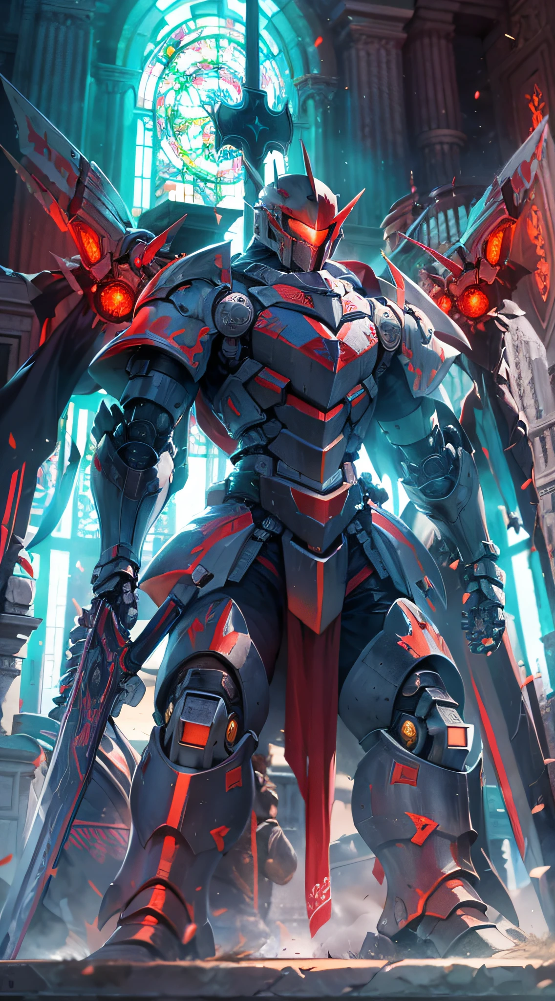 (Realism, photorealisim: 1.3), (lens focal length: 35 mm), Backlight, a knight's mechanical armor, luxurious and exquisite shape, a blue glowing cross carved on the chest of the mech, the mecha holds a red glowing wide and heavy armor sword, the red scarf sways in the wind, the knight's eyes are red flame light, and the battle posture is drawn