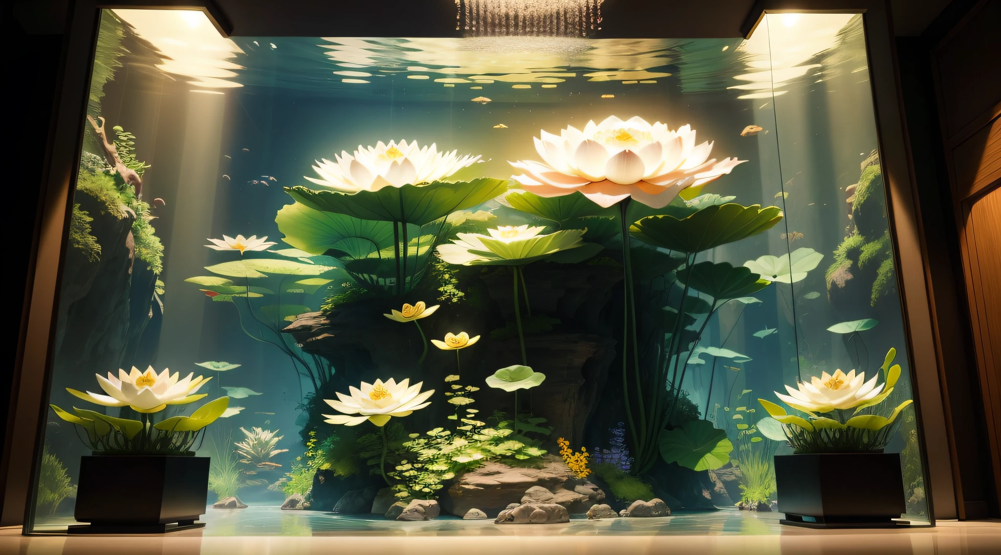 Giant aquarium in an aquarium、Multiple lotus flowers、top-quality、8K、​masterpiece、a picture、Photorealsitic、Raw photography、top-quality、high-detail、真实感、photos realistic、Professional color correction