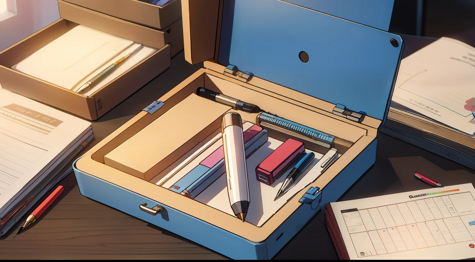 On the desk,Stationery box,There is a picture of a pen