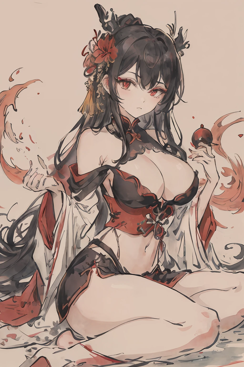 ((A high resolution))、(with her mouth open)、(chest circumference)、((top-quality))、((super-fine))((Ultra-fine CG))、((8k_wallpaper))、dynamic angle、floatking、(Eyes with beautiful details)、Very delicate and beautiful girl、The upper part of the body、ink and watercolor painting、(China-style)、黑The eye、Burning、Detail Light。from_low,(Black hair),(Red spiders)lily: 1.33),aqua eye,(hairflower):1.3),Bloom,Single,starrysky,hair adornments,耳Nipple Ring,jewelry,Messy hair,Bare shoulders,half closed eyes,bloom,(Hanfu:1.3),(mediuml breasts):1.2),(eye shadows,Red eyeliner:1.15),(eye shadows,Red eyeliner:1.15),(eye shadows,Red eyeliner:1.15),(Eyes are visible through hair:1.2),(Solo exhibition)),Red Moon