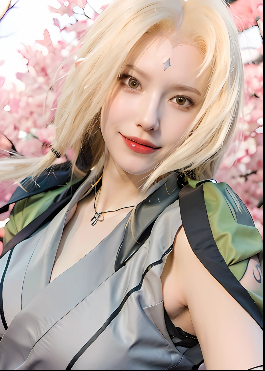 1girl, (8k, RAW photo, best quality, masterpiece:1.2), (ultra highres:1.0),detailed illustration, (real person,fashion photography portrait,photograph), detailed, detailed beautiful skin, (realistic, photo-realistic:1.37), taunadeNS, solo, professional lighting, green dress), village, east asian architecture, trees, village hidden in the leaves background,looking_at_viewer, smile,yellow hair,yellow eyes,mitain,toeless footwear,kunai,facial mark,konohagakure symbol,fighting_stance,fence,ninja,adjusting gloves,sleeveless,cleavage, big breats