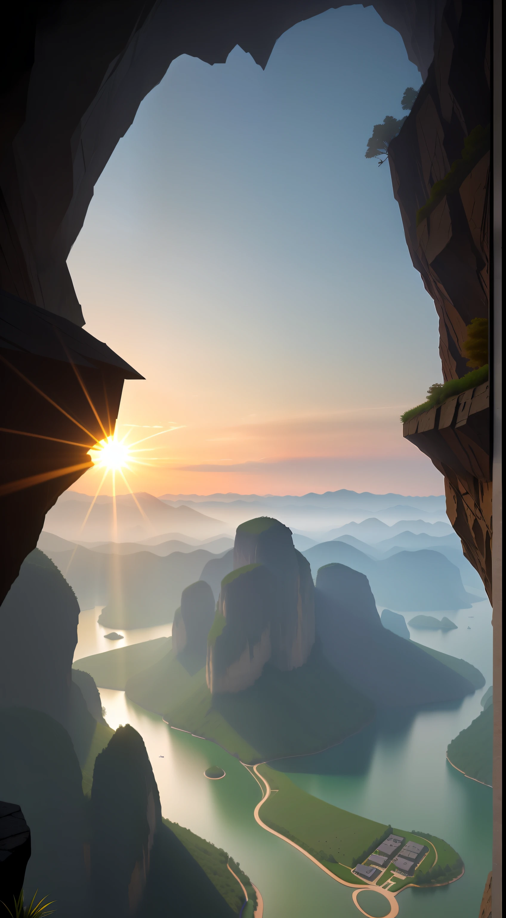 Enjoy the Aalfite landscape of the valley and river from the caves, sun rises between two mountains, 4k vertical wallpaper, 4k vertical wallpaper, mountain sunrise, Unreal Engine 4K wallpapers, inspired by jessica rossier, Sunset view, zhangjiajie in early morning, dream like atmosphere 8k, mattepainting, 8k vertical wallpaper, 8k vertical wallpaper