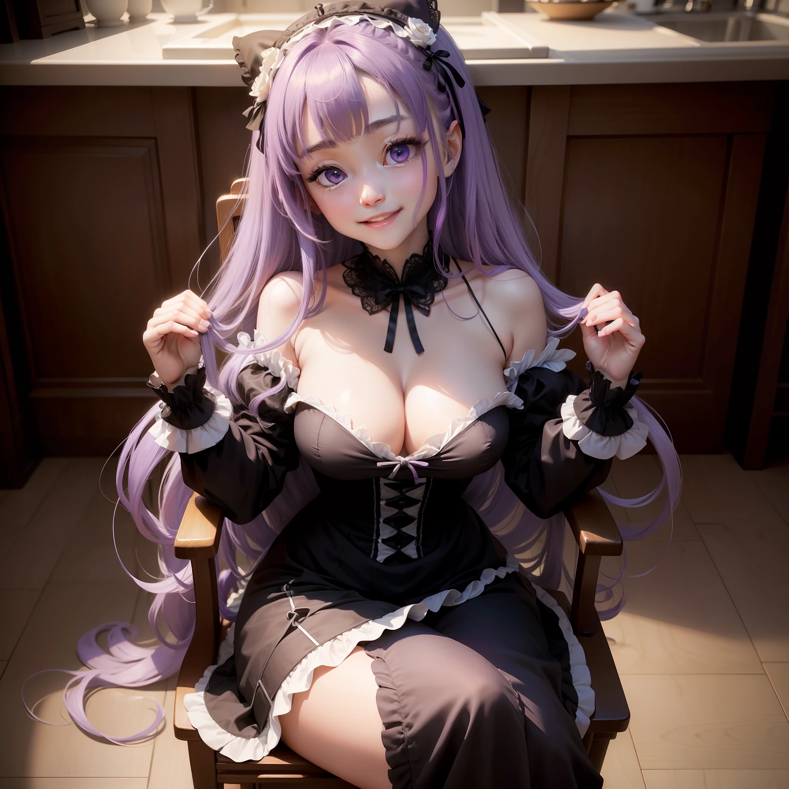high-level image quality、masterpiece、8K、detaileds、1 persons、独奏、20-year-old woman、One person on the screen、1,000,000 points Hara Salome、Princess、Mature girl、Light purple hair、very large amount of hair、Parting the middle bangs、Looks like a forehead、、Bangs are 7/3.、Super long hair、Braids、Curl hair、Small purple ribbon on the right、Hair up to the waist、Hair is very long and straight、Curl your back hair、cuticle、Nice、Princess、Full body like、Dark purple eyes、Contemptuous gaze、Thin eyebrows、Sharp eyes、Cheerful smile、huge smile、Fluffy smile、Medium soft breasted、Gothic ta Fashion、Mature girl、Pichi Pichi clothes、Clothing with ribbons、 Sheer nipples、Pubic hair soothing、full of sweat、perspiring、、Raise your hands up、Grab your head with both hands、Cross your legs、Cross your legs、sit a chair、A high chair that sits shallowly on a chair、、The gaze is watching the viewing、closes mouth、Do not show your teeth、High laughter、Smile generously、Lying on the floor、in a house、mansion、rich man、Rich、a gorgeous、noble、Night、excited、Ecstatic look、Imarathion、Wow~