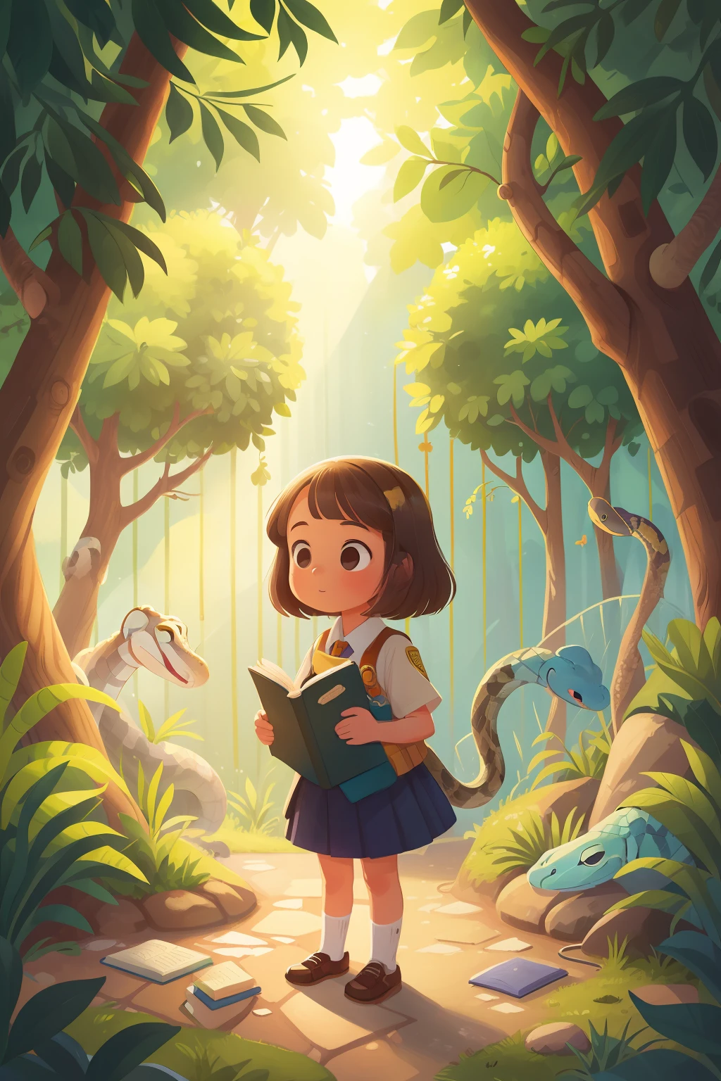 make a drawing of a book cover showing a 10 year old white girl in a school uniform front of a zoo snake enclosure. there are atleast 15 snakes visible. she is placed in the bottom left. she is shown from behind. she is small compared to the whole painting. the focus is on the enclosure which is full of trees and colourful snakes