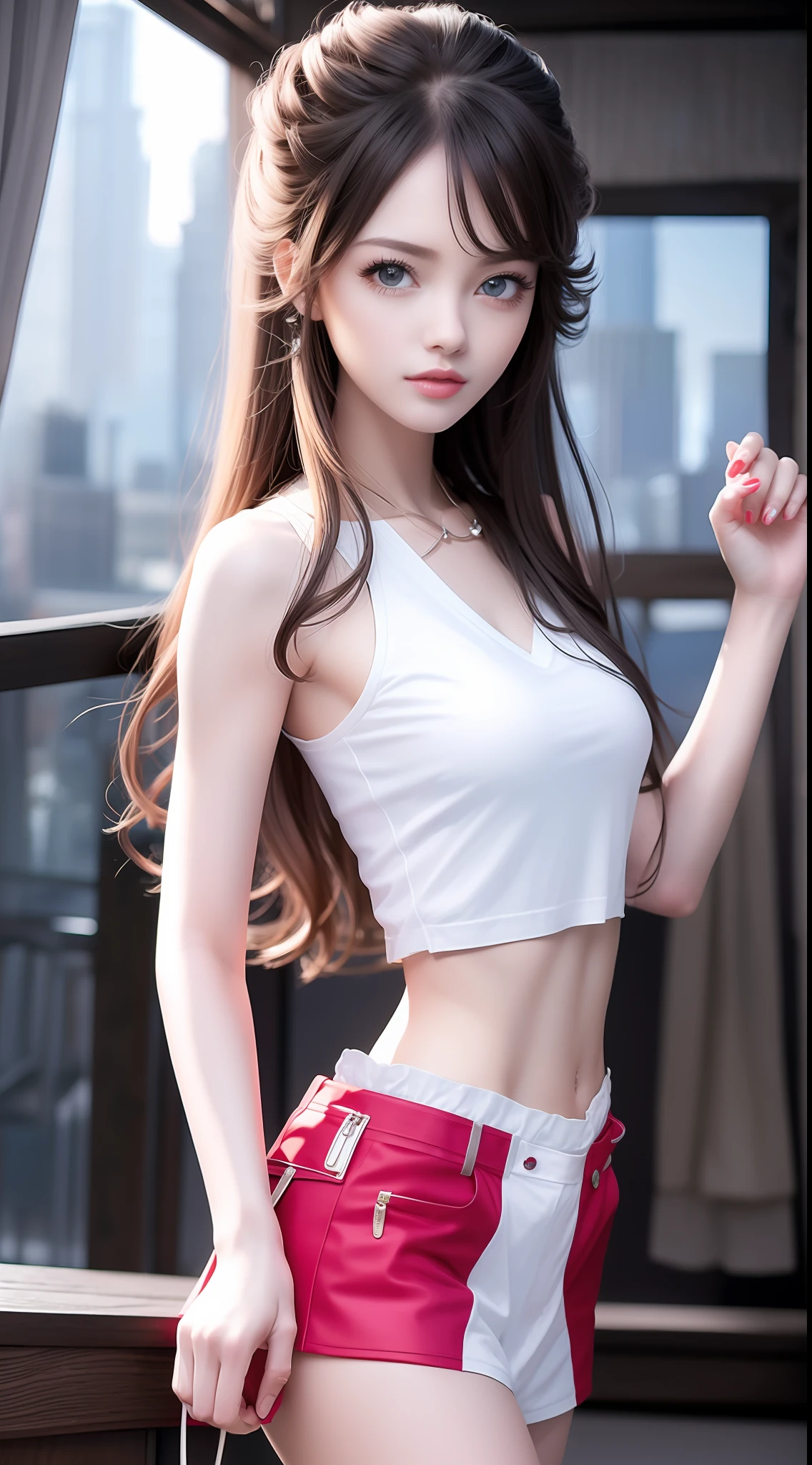 4k ultra hd, masterpiece, very high quality, a girl, age 20 years old girl, good face, smooth face, detailed eyes, beautiful hair, very long hair, hair band, cute look, modern clothes, white shirt, blue jeans, good shoes, morning background, buildings, sun lights, clear weather, stylish looking,