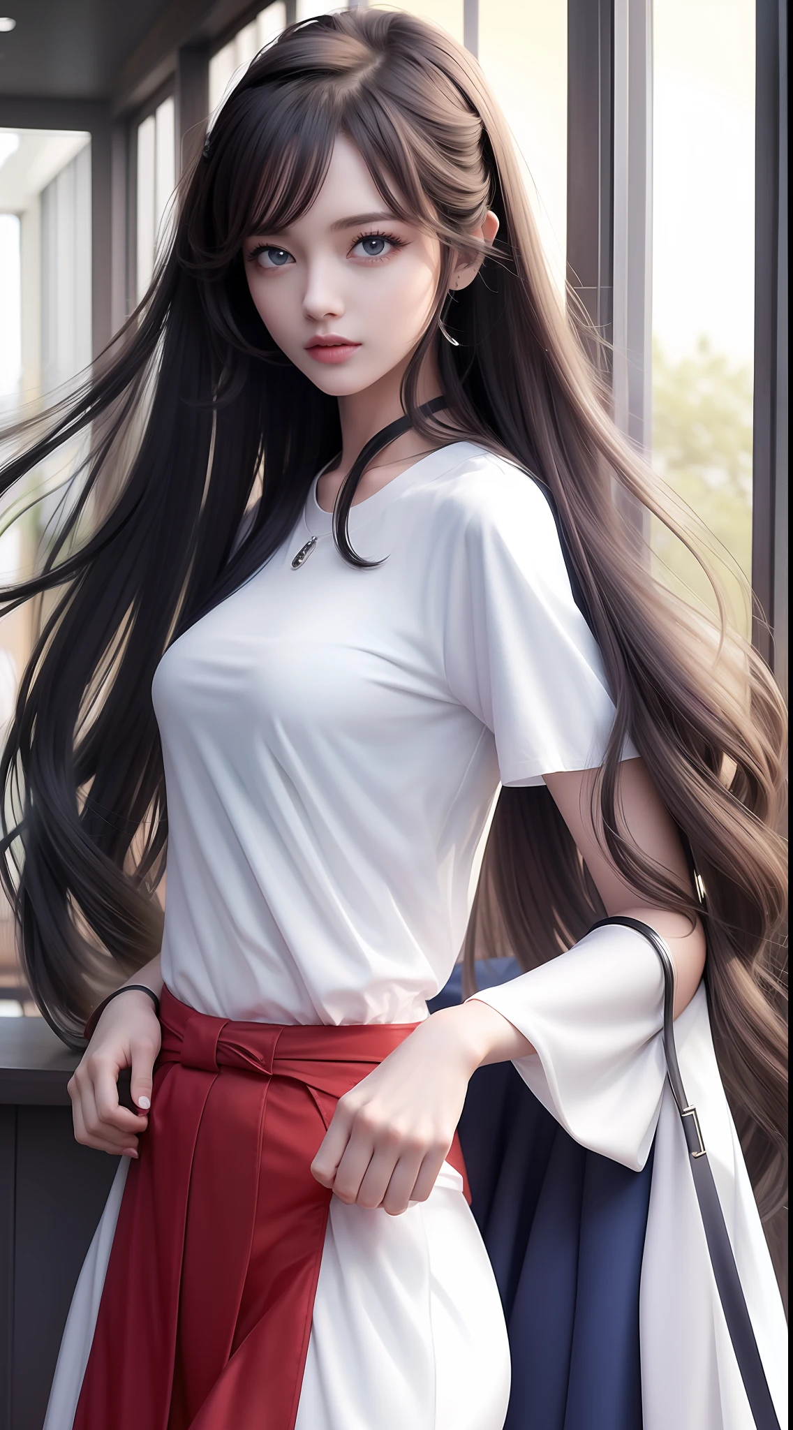 4k ultra hd, masterpiece, very high quality, a girl, age 20 years old girl, good face, smooth face, detailed eyes, beautiful hair, very long hair, hair band, cute look, modern clothes, white shirt, blue jeans, good shoes, morning background, buildings, sun lights, clear weather, stylish looking,